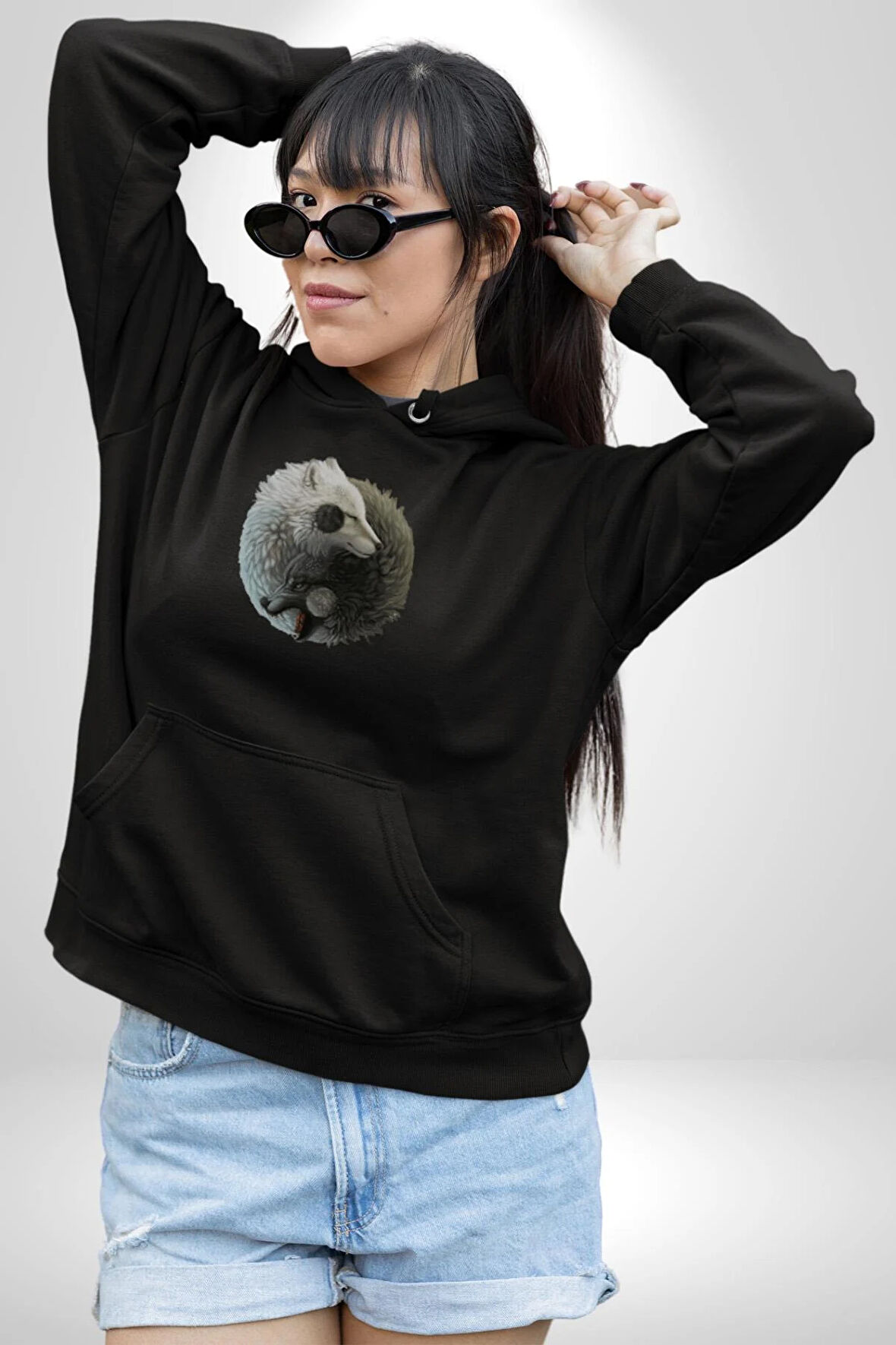 Yin İle Yang Beyaz Siyah Kurt   Kadın Erkek  Siyah Kapüşonlu Sweatshirt Hoodie