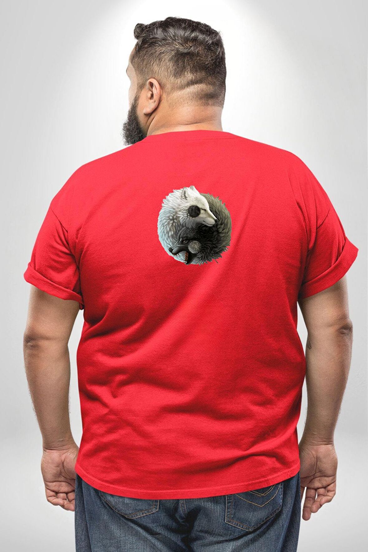 Yin İle Yang Beyaz Kırmızı Kurt   Büyük Beden Kırmızı Tişört Kadın Erkek Ünisex Sırt Baskılı