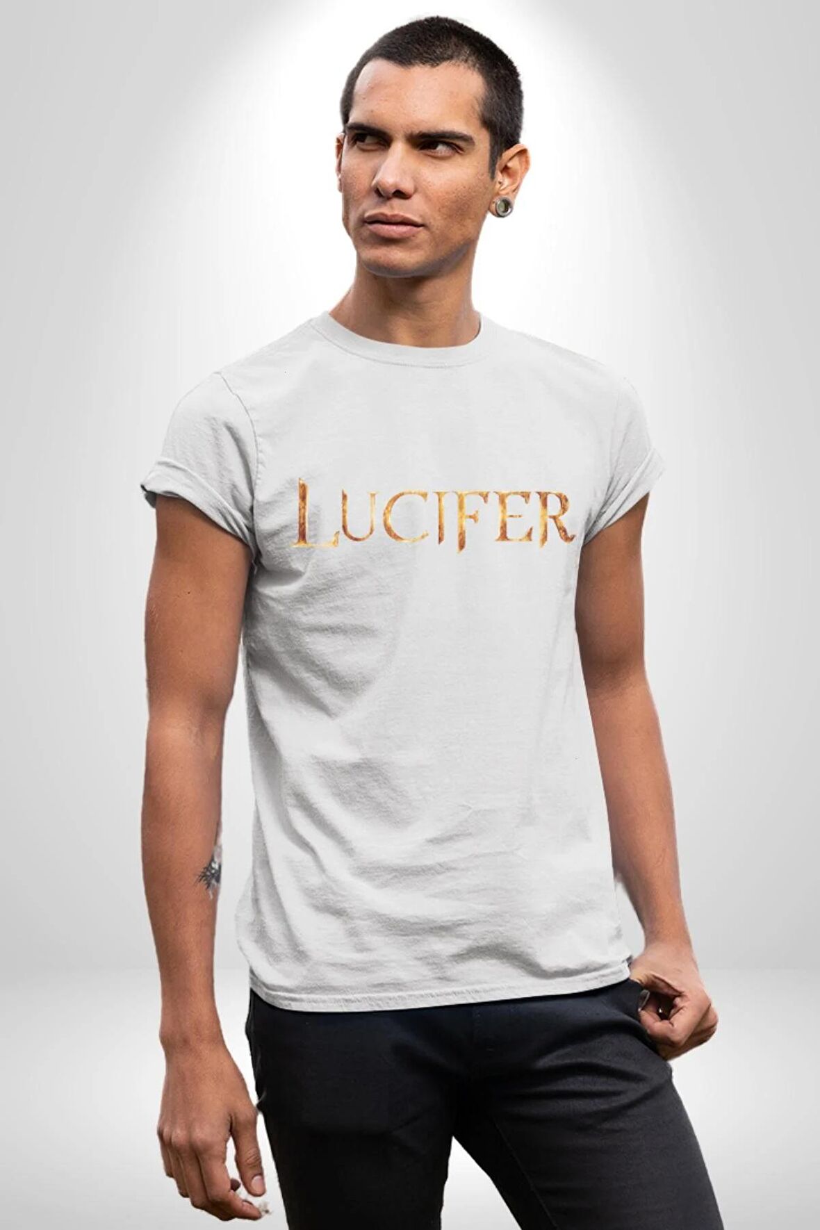 Lucifer Kadın Erkek Unisex Beyaz Organik Baskılı T-Shirt Penye Yüksek Kalite