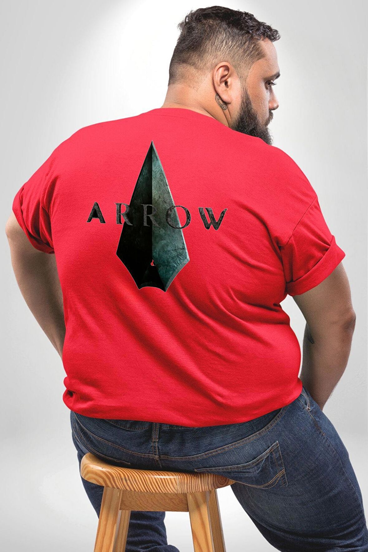 Arrow Büyük Beden Kırmızı Tişört Kadın Erkek Ünisex Sırt Baskılı