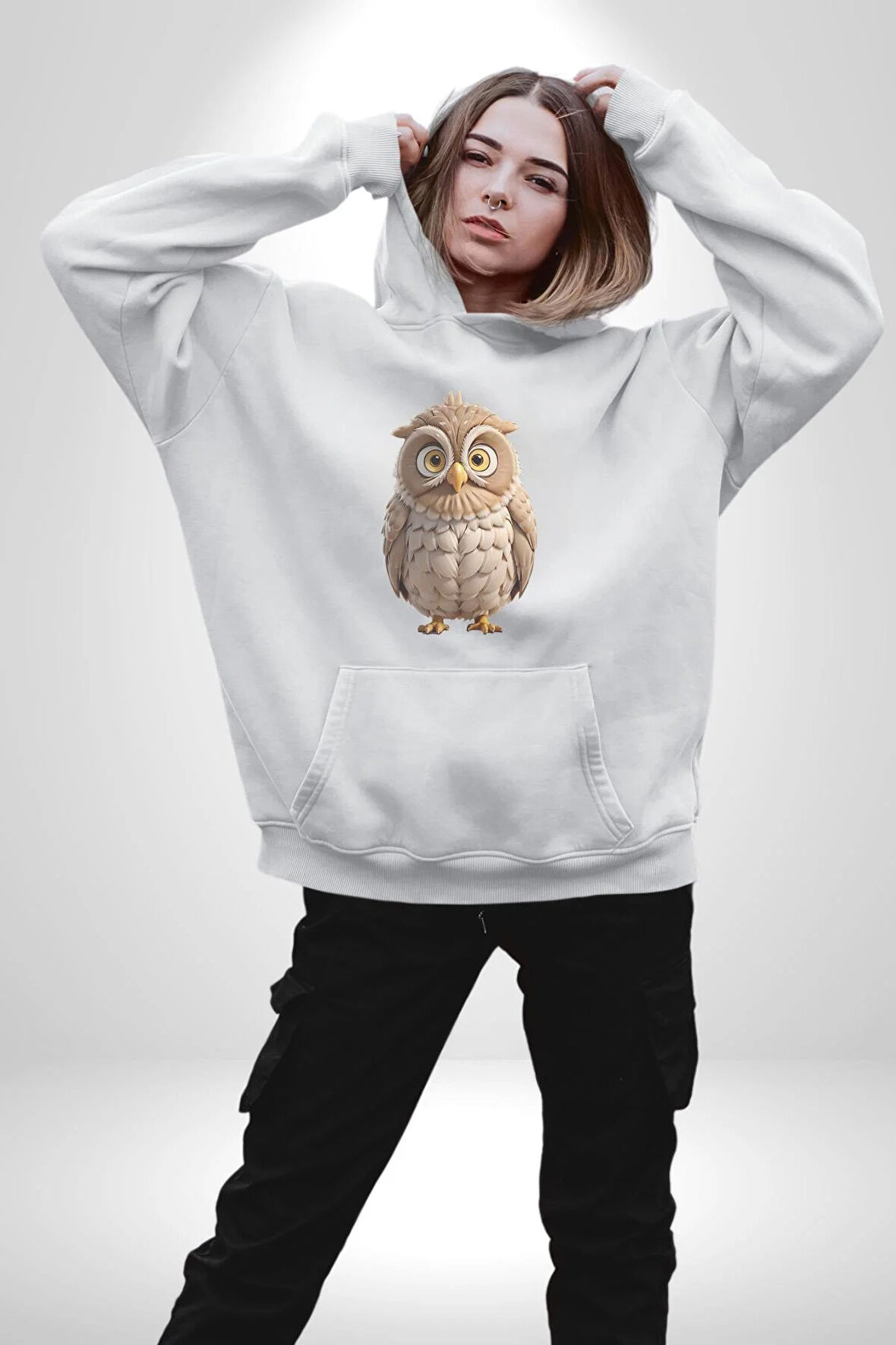 Baykuş Kadın Erkek  Beyaz Kapüşonlu Sweatshirt Hoodie