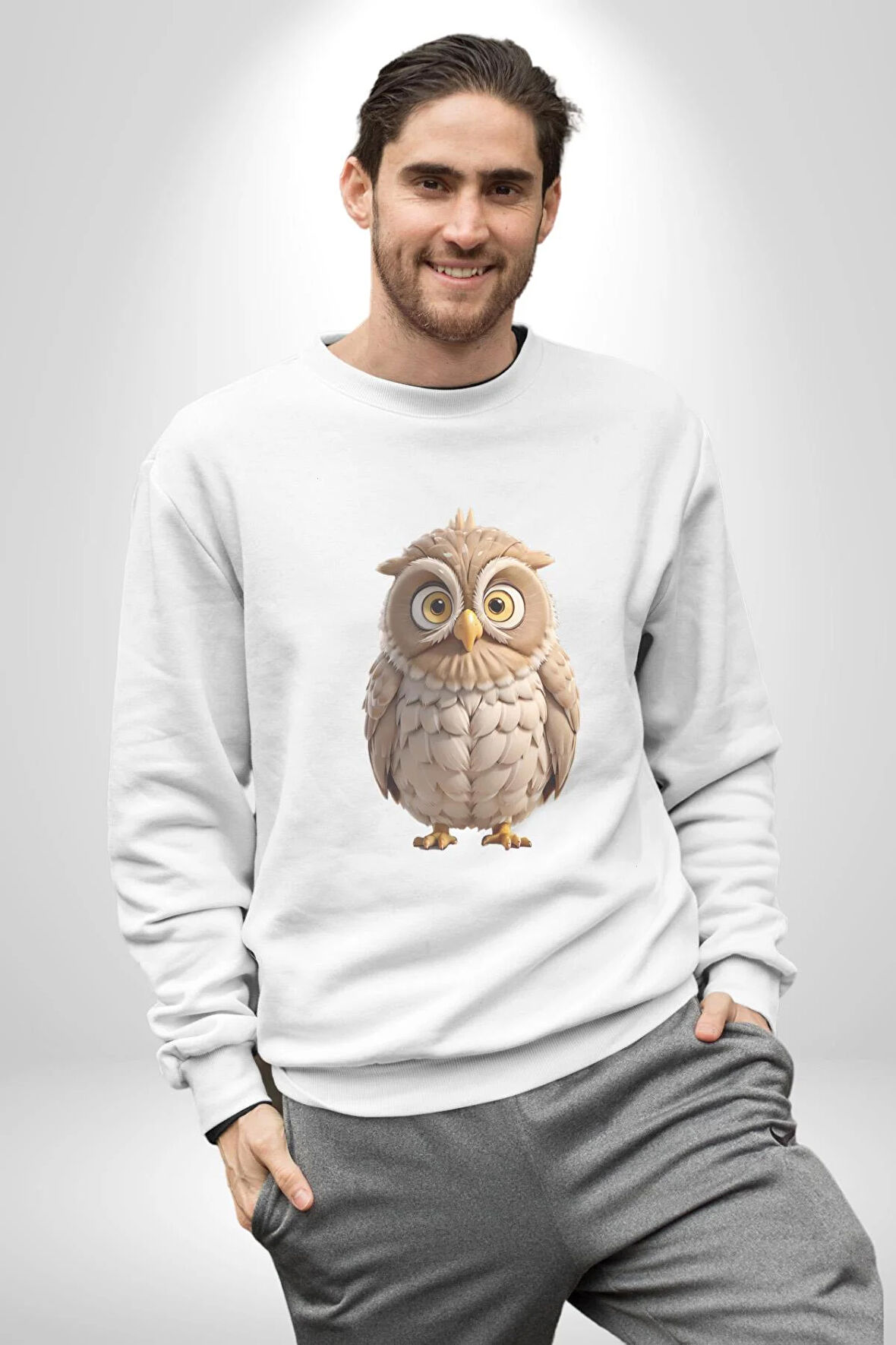 Baykuş Kadın Erkek  Beyaz Baskılı Sweatshirt 