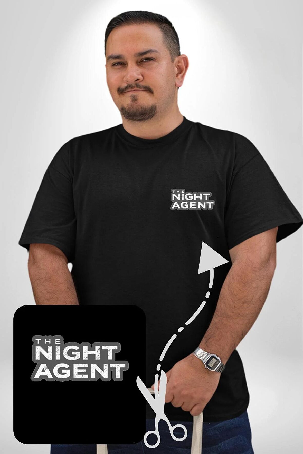The Night Agent Siyah Büyük Beden Kadın Basic Minimal Baskılı Tişört