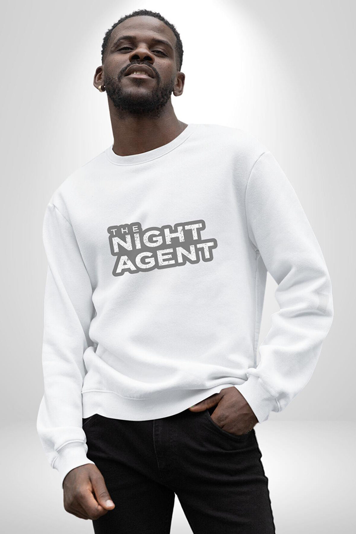 The Night Agent Kadın Erkek  Beyaz Baskılı Sweatshirt 