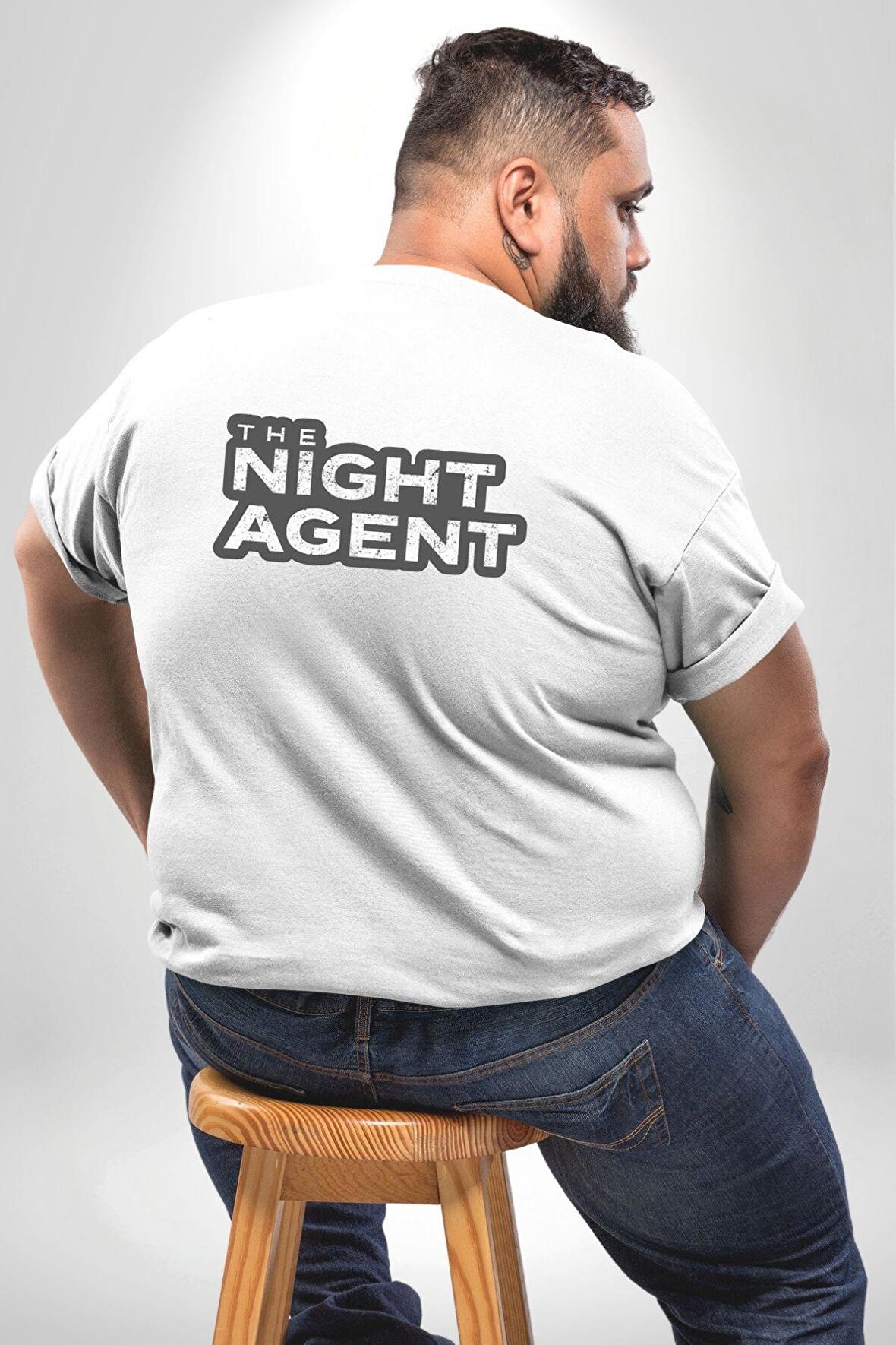 The Night Agent Büyük Beden Beyaz Tişört Kadın Erkek Ünisex Sırt Baskılı