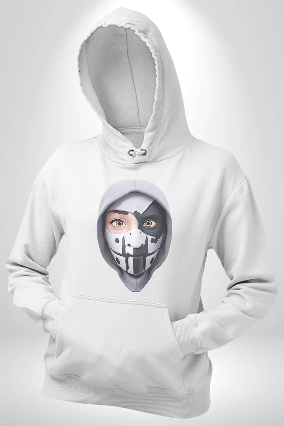 Maske Takan Kahraman Kafası Kadın Erkek  Beyaz Kapüşonlu Sweatshirt Hoodie