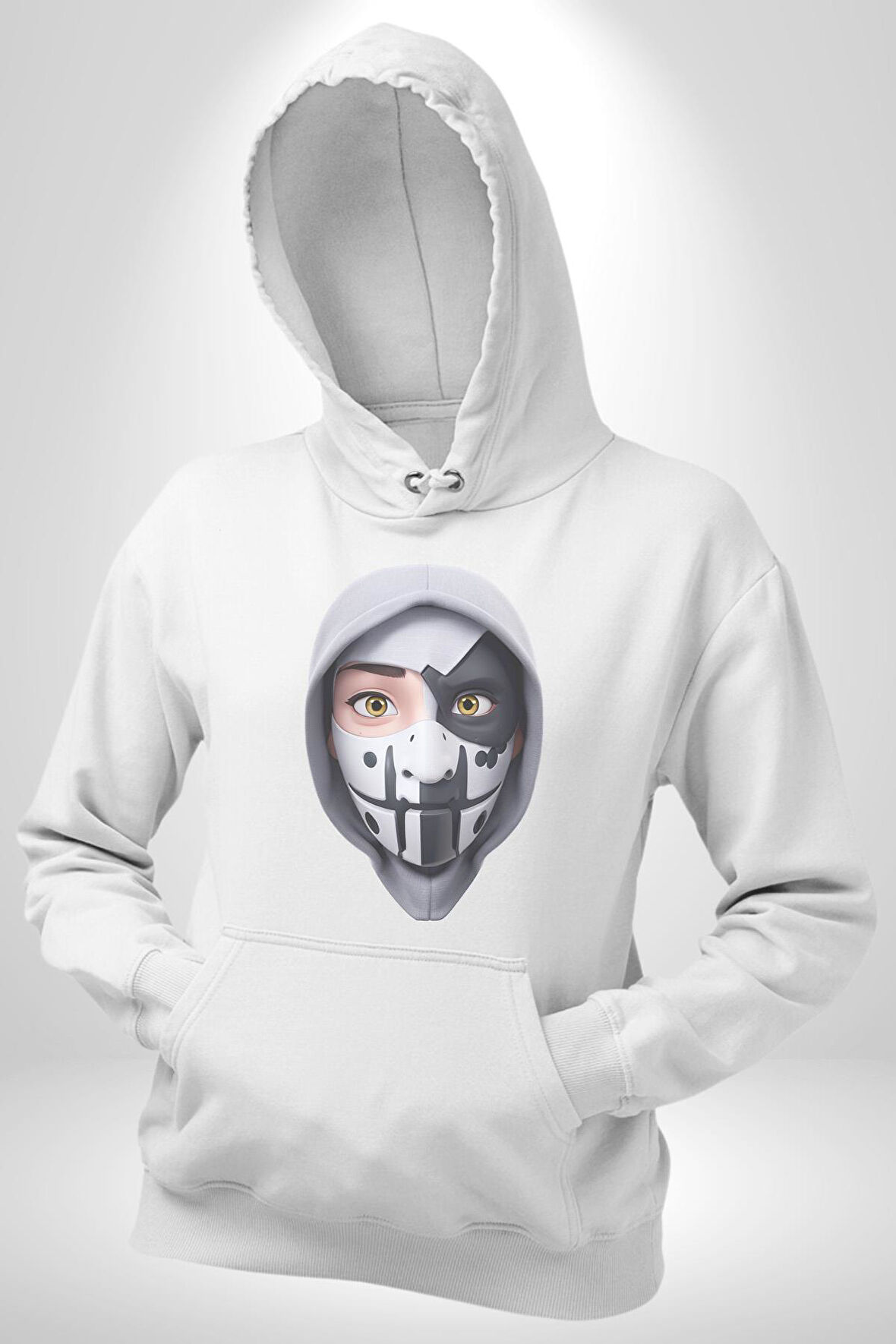Maske Takan Kahraman Kafası Kadın Erkek  Beyaz Kapüşonlu Sweatshirt Hoodie