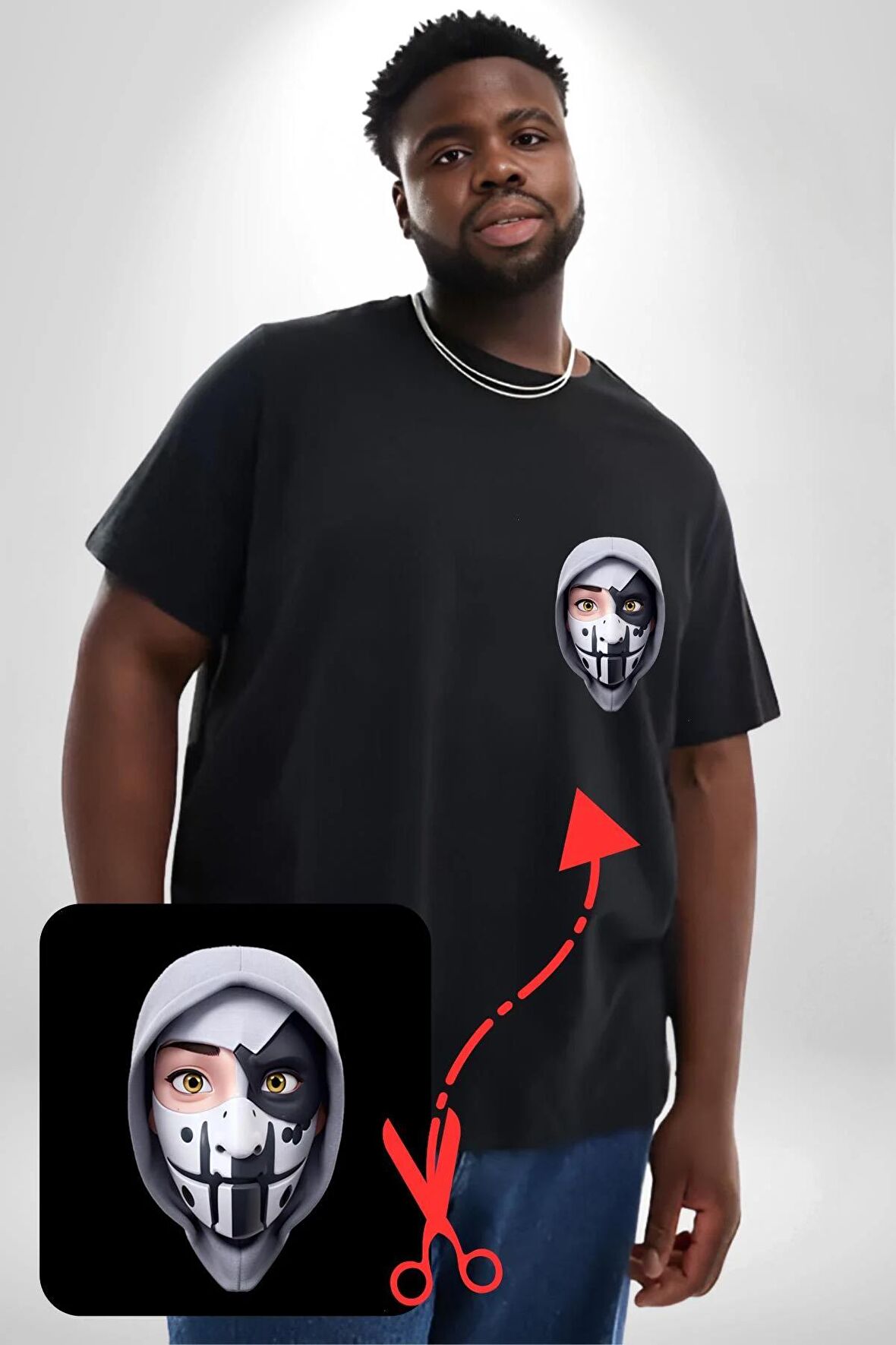 Maske Takan Kahraman Kafası Siyah Büyük Beden Kadın Basic Minimal Baskılı Tişört