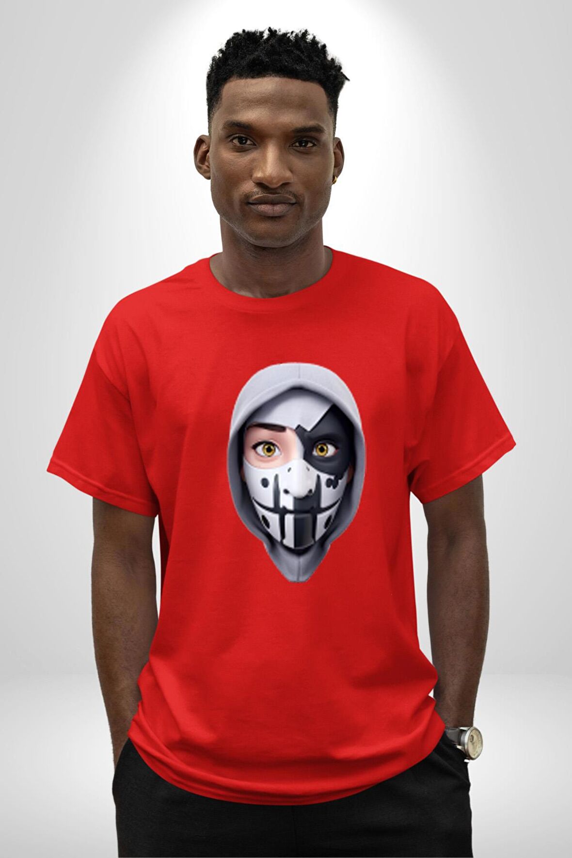 Maske Takan Kahraman Kafası Pamuklu Bisiklet Yaka Kadın Erkek Oversize Boyfriend Dijital Baskılı Kırmızı T-Shirt