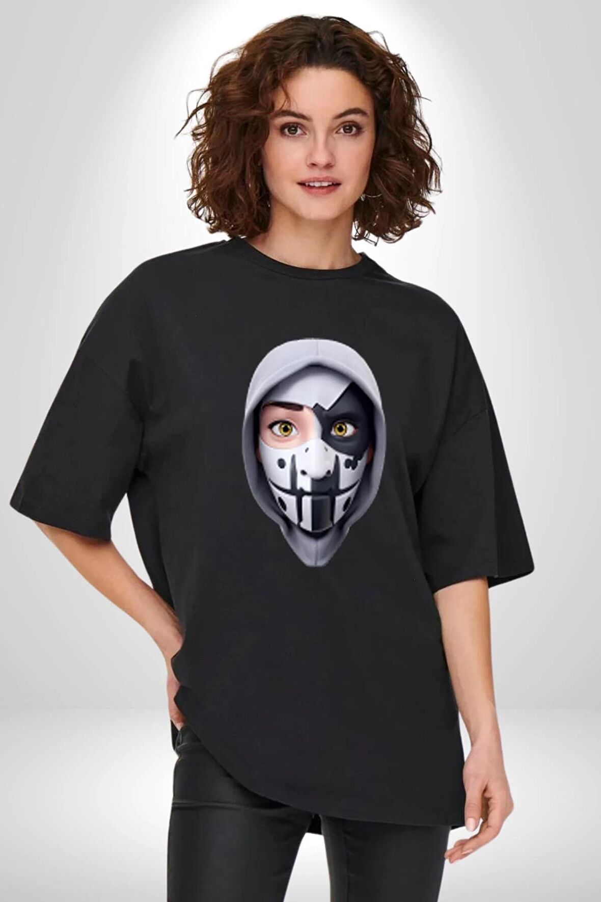 Maske Takan Kahraman Kafası Pamuklu Bisiklet Yaka Kadın Erkek Oversize Boyfriend Dijital Baskılı Siyah T-shirt