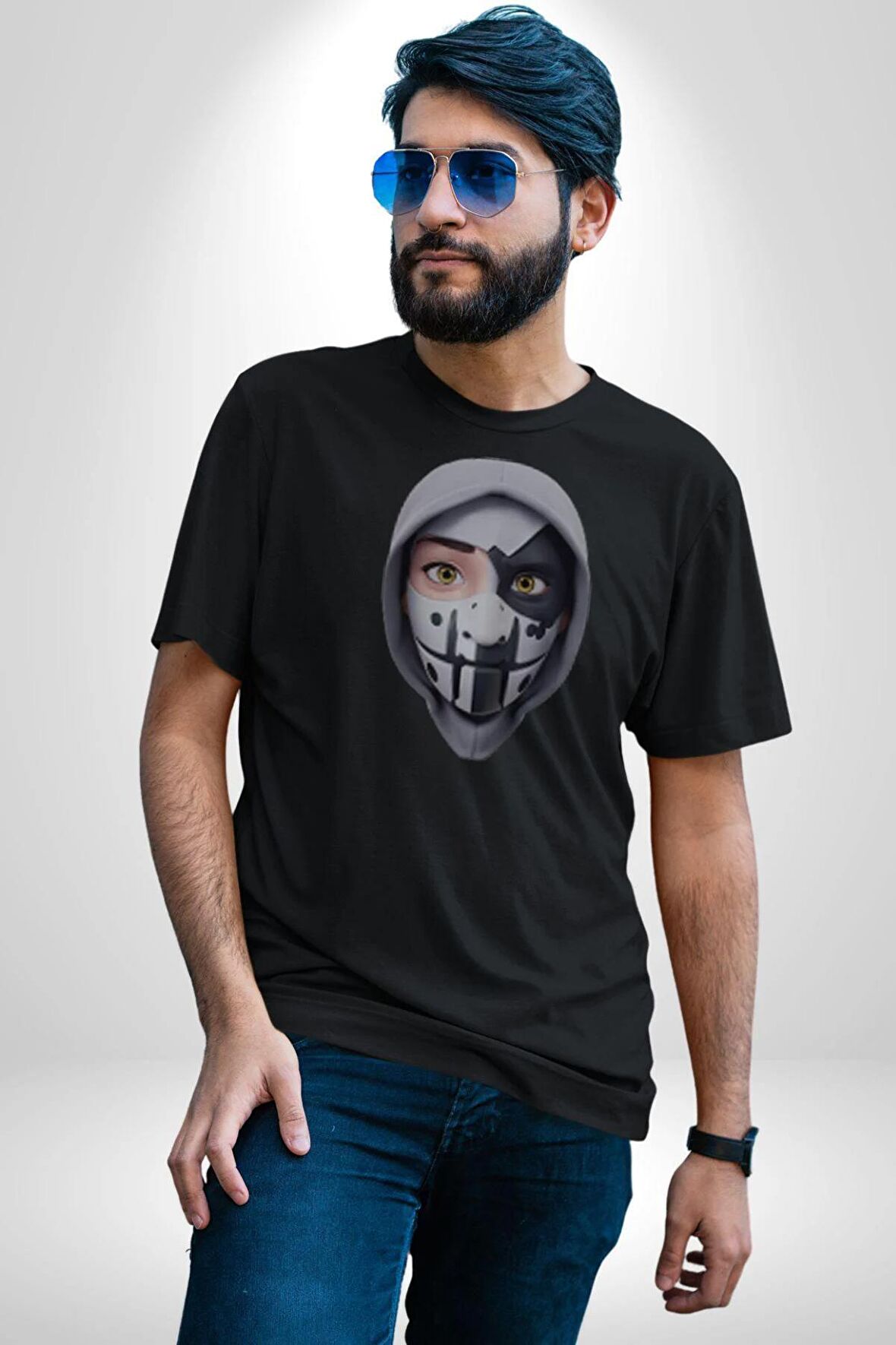 Maske Takan Kahraman Kafası Kadın Erkek Unisex Siyah Organik Baskılı T-Shirt Penye Yüksek Kalite