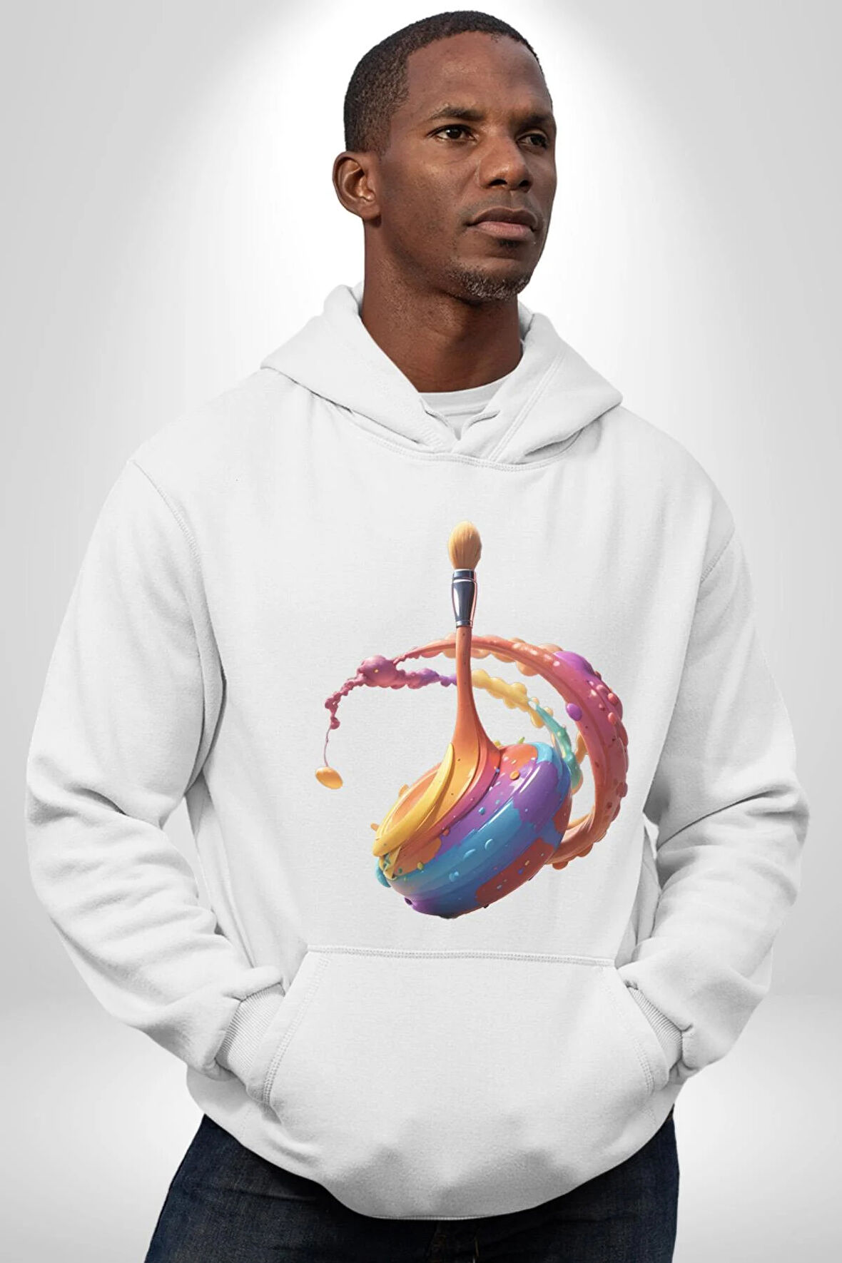 Resim Fırcası  Kadın Erkek  Beyaz Kapüşonlu Sweatshirt Hoodie