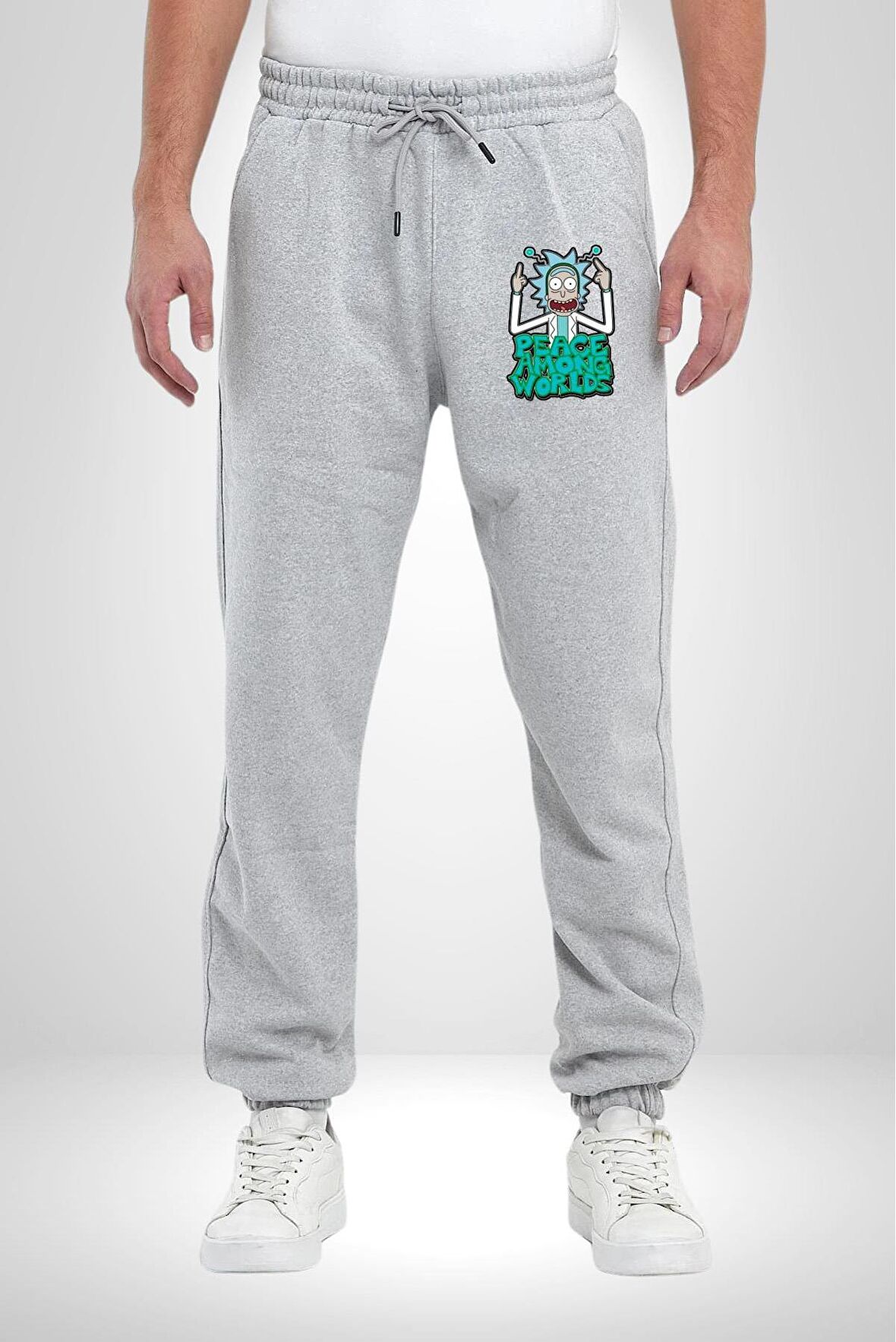 Rick And Morty Dünyalar Arası Barış Pamuklu 3 İplik Gri Eşofman Altı Erkek Oversize Kesim Dijital Baskılı