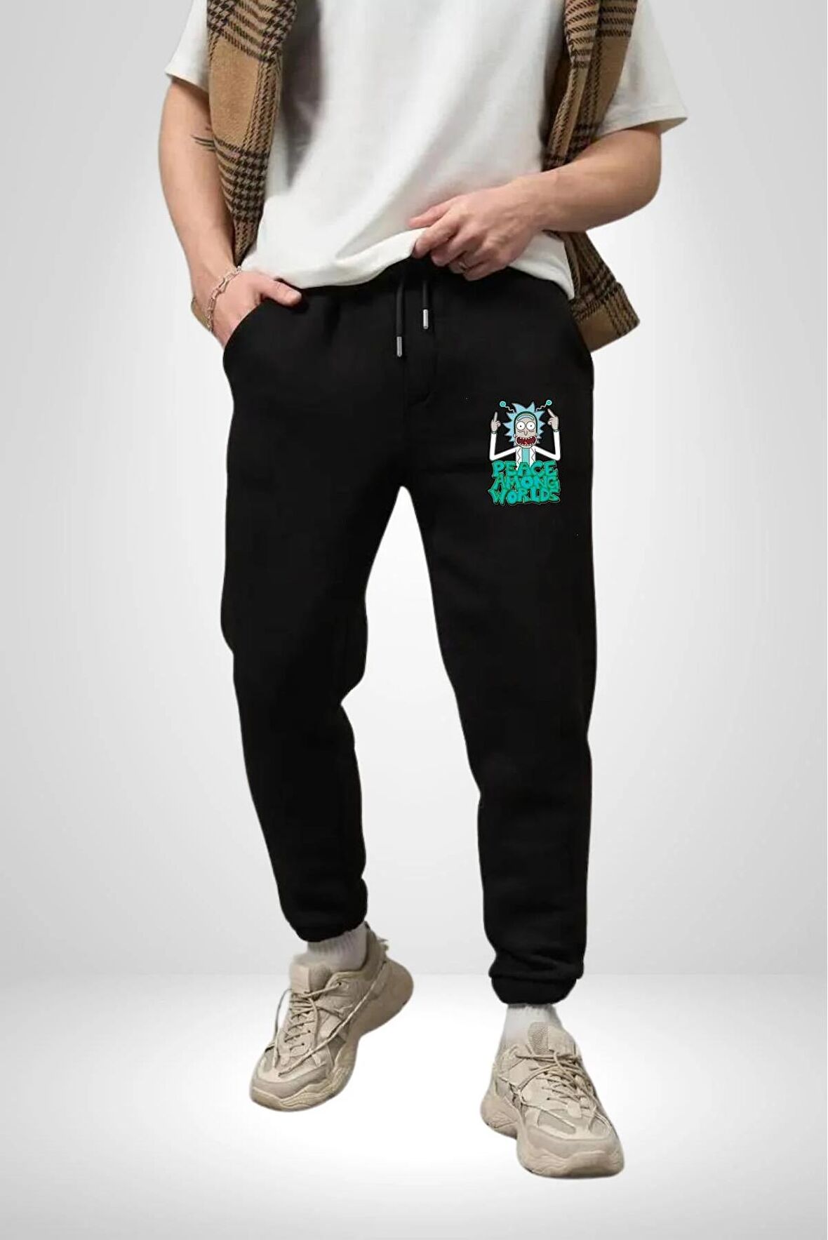 Rick And Morty Dünyalar Arası Barış Pamuklu 3 İplik Siyah Eşofman Altı Erkek Oversize Kesim Dijital Baskılı