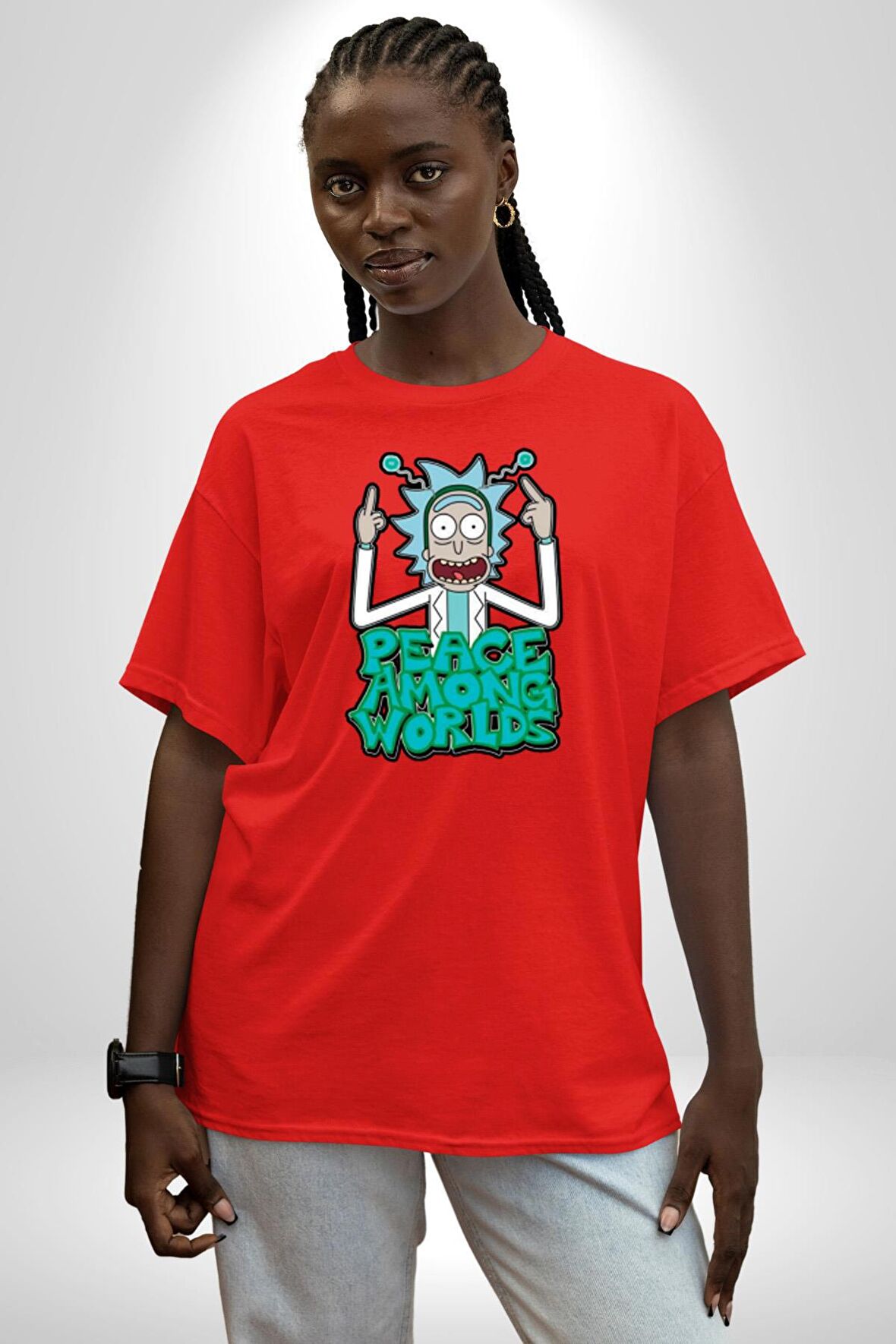 Rick And Morty Dünyalar Arası Barış Pamuklu Bisiklet Yaka Kadın Erkek Oversize Boyfriend Dijital Baskılı Kırmızı T-Shirt