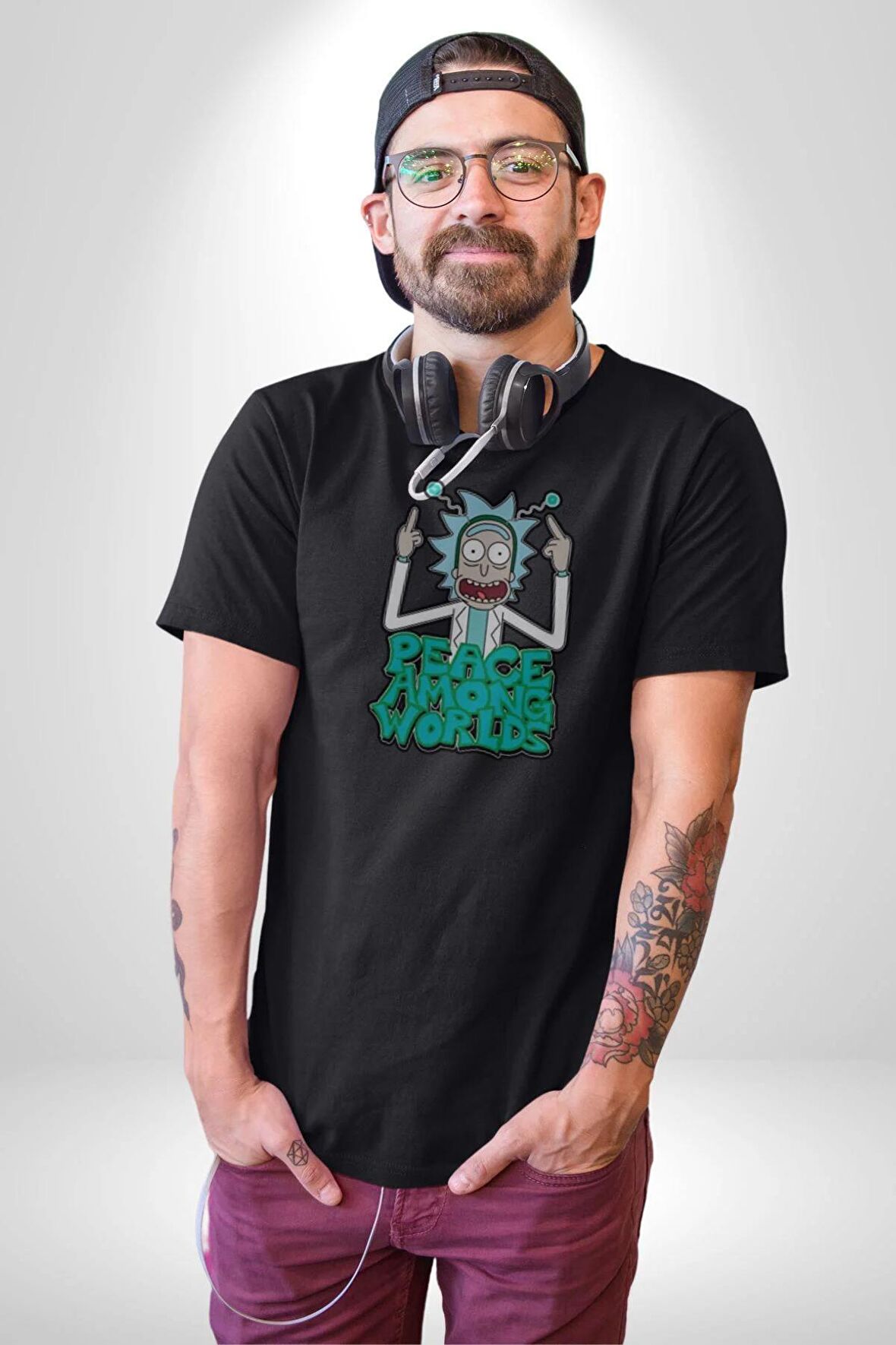 Rick And Morty Dünyalar Arası Barış Kadın Erkek Unisex Siyah Organik Baskılı T-Shirt Penye Yüksek Kalite