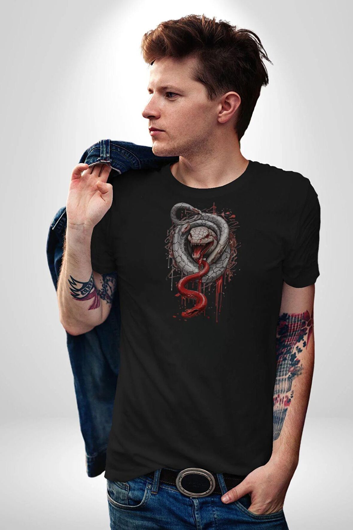Siyah Ve Kırmızı Yılan Kadın Erkek Unisex Siyah Organik Baskılı T-Shirt Penye Yüksek Kalite