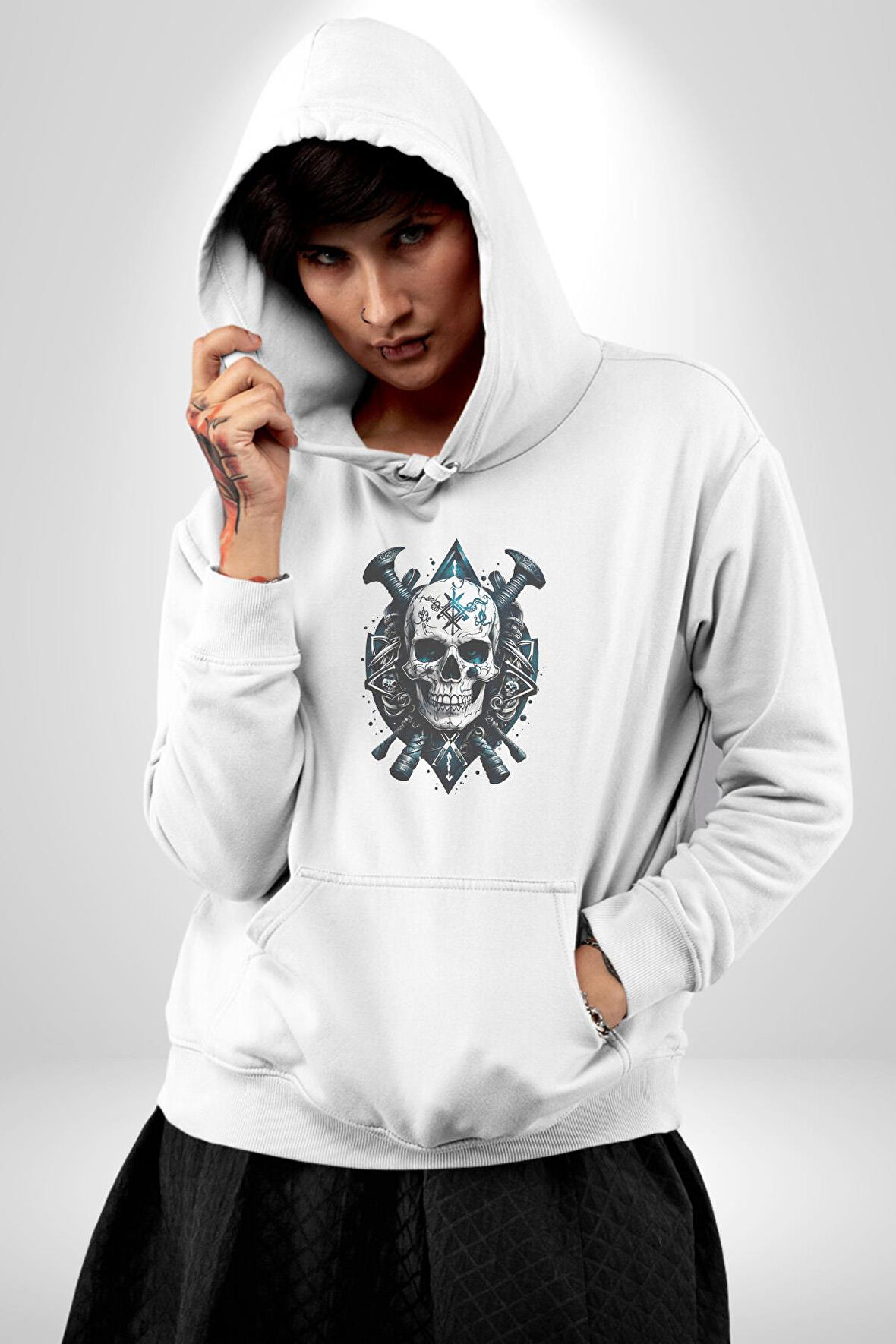 Kuru Kafa Yapay Zeka Tasarım Kadın Erkek  Beyaz Kapüşonlu Sweatshirt Hoodie