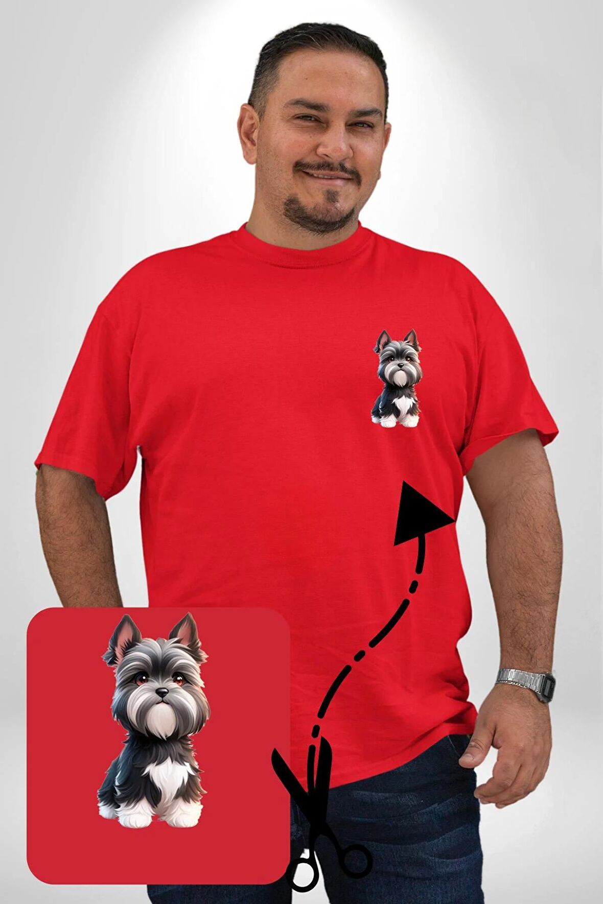 Sevimli Beyaz Gri Köpek Kırmızı Büyük Beden Kadın Basic Minimal Baskılı Tişört