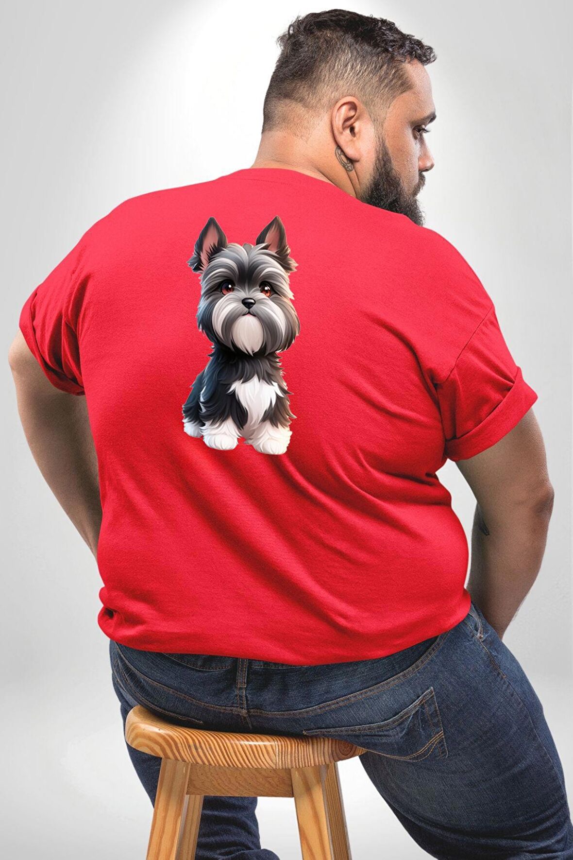 Sevimli Beyaz Gri Köpek Büyük Beden Kırmızı Tişört Kadın Erkek Ünisex Sırt Baskılı