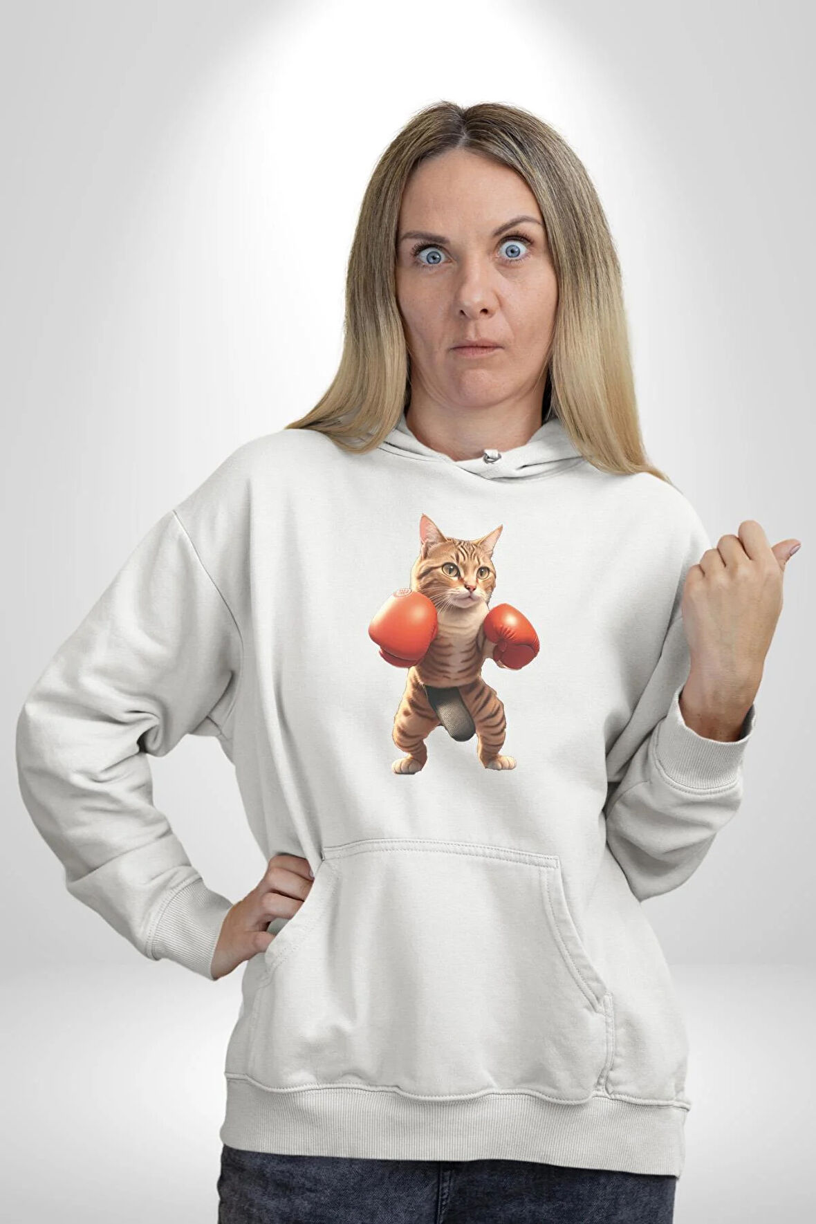 Boks Yapan Kedi Kadın Erkek  Beyaz Kapüşonlu Sweatshirt Hoodie