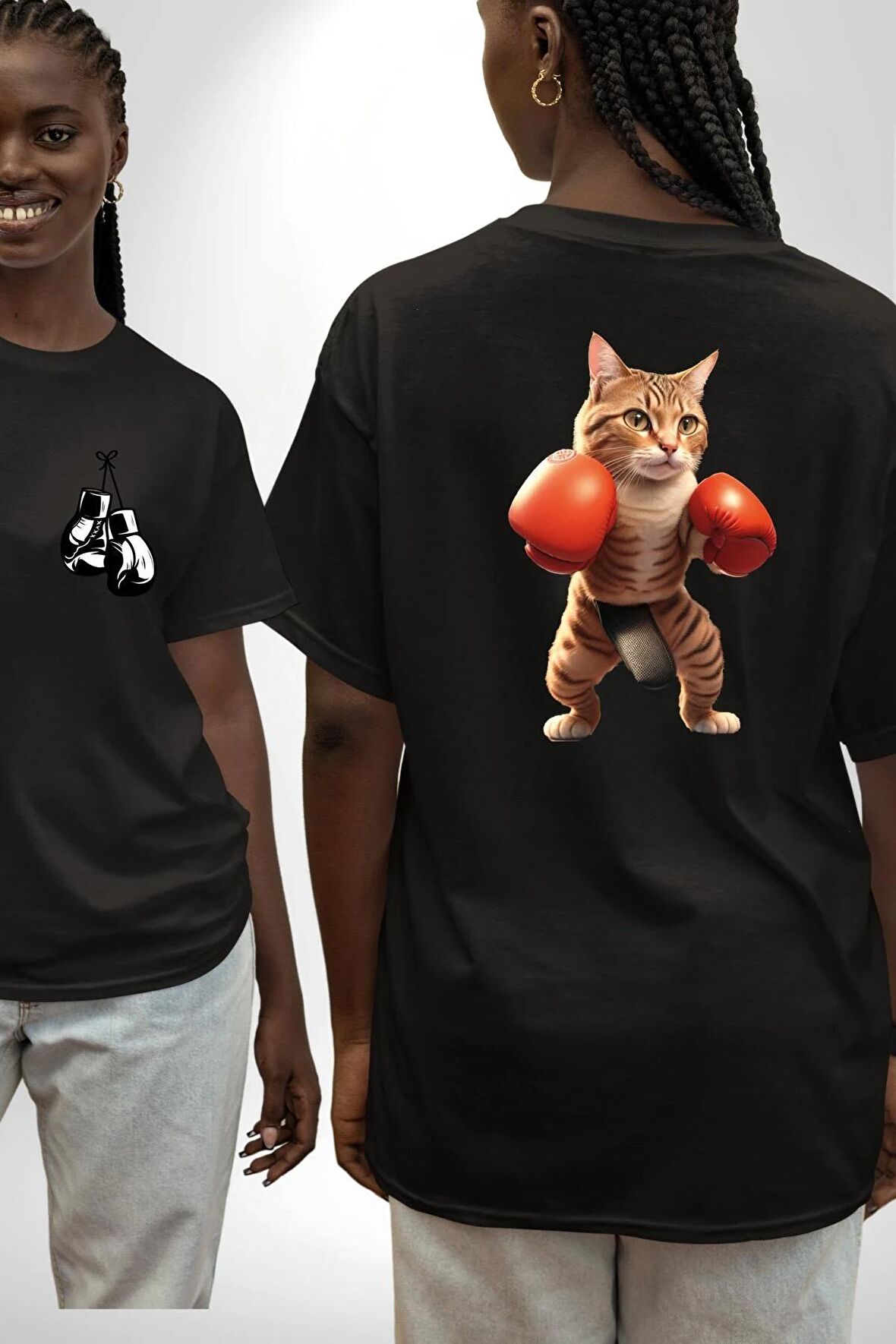 Boks Yapan Kedi Siyah Oversize Kadın Erkek Ön ve Sırt Baskılı Tişört