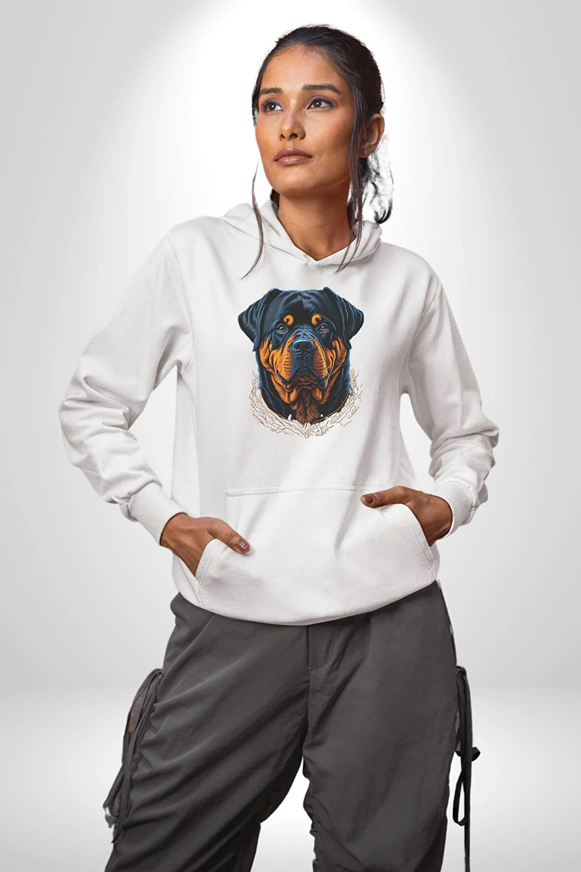 Rottweiler Koca Kafa Kadın Erkek  Beyaz Kapüşonlu Sweatshirt Hoodie