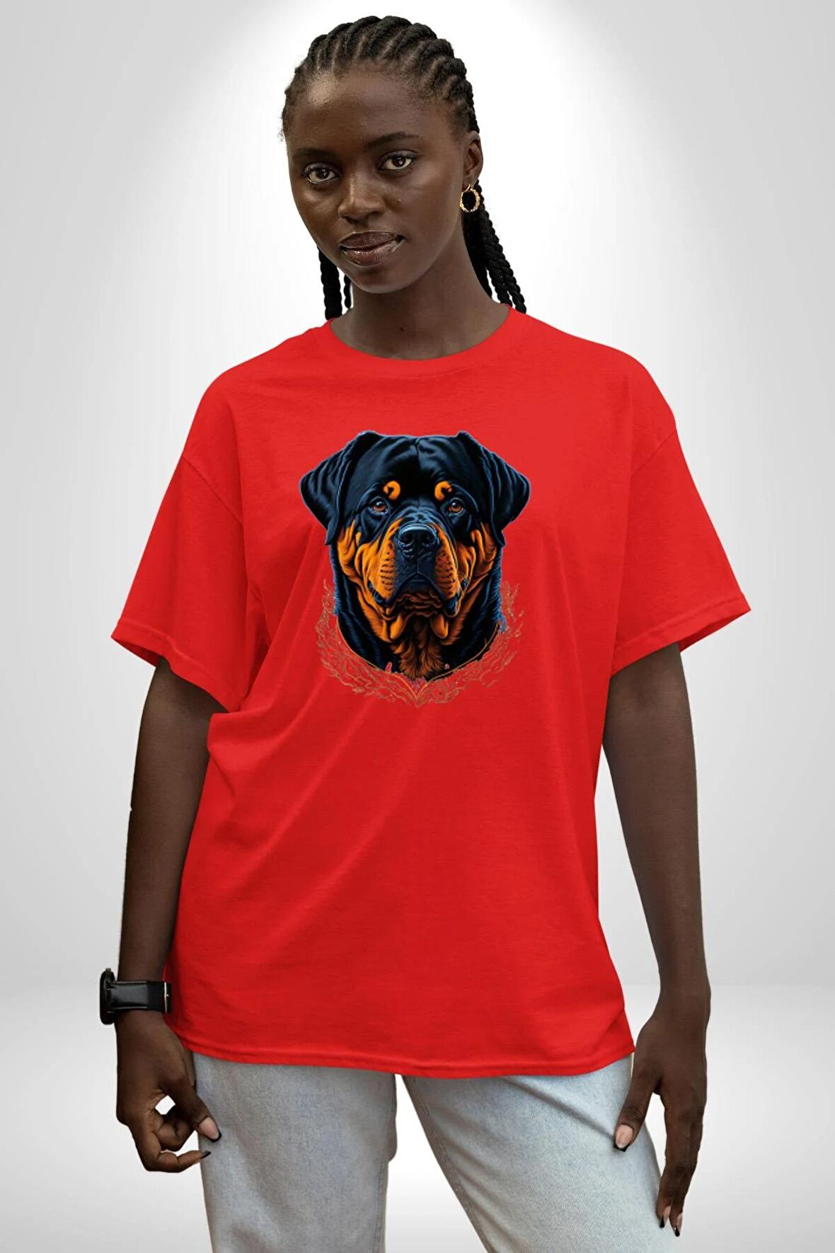 Rottweiler Koca Kafa Pamuklu Bisiklet Yaka Kadın Erkek Oversize Boyfriend Dijital Baskılı Kırmızı T-Shirt