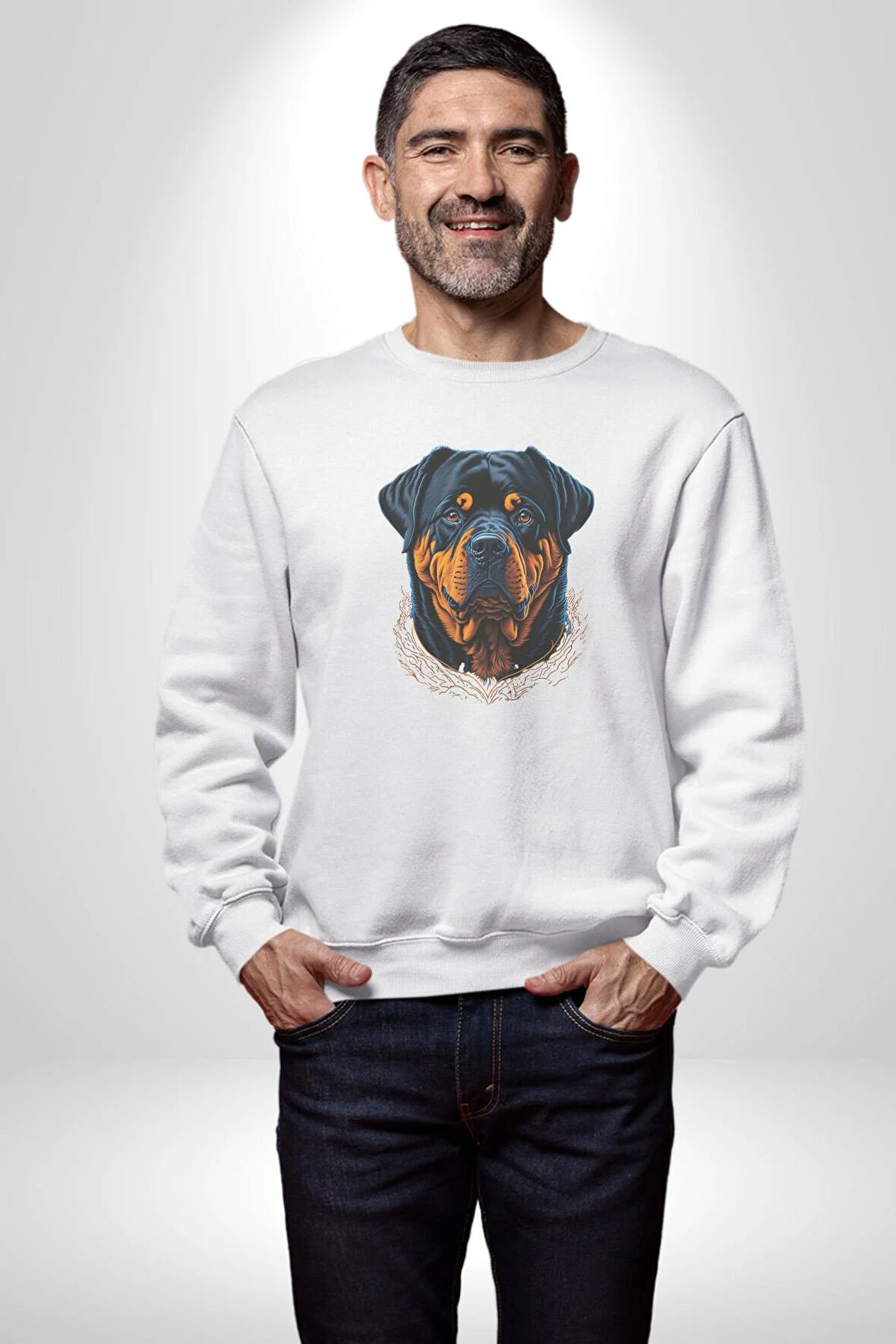 Rottweiler Koca Kafa Kadın Erkek  Beyaz Baskılı Sweatshirt 