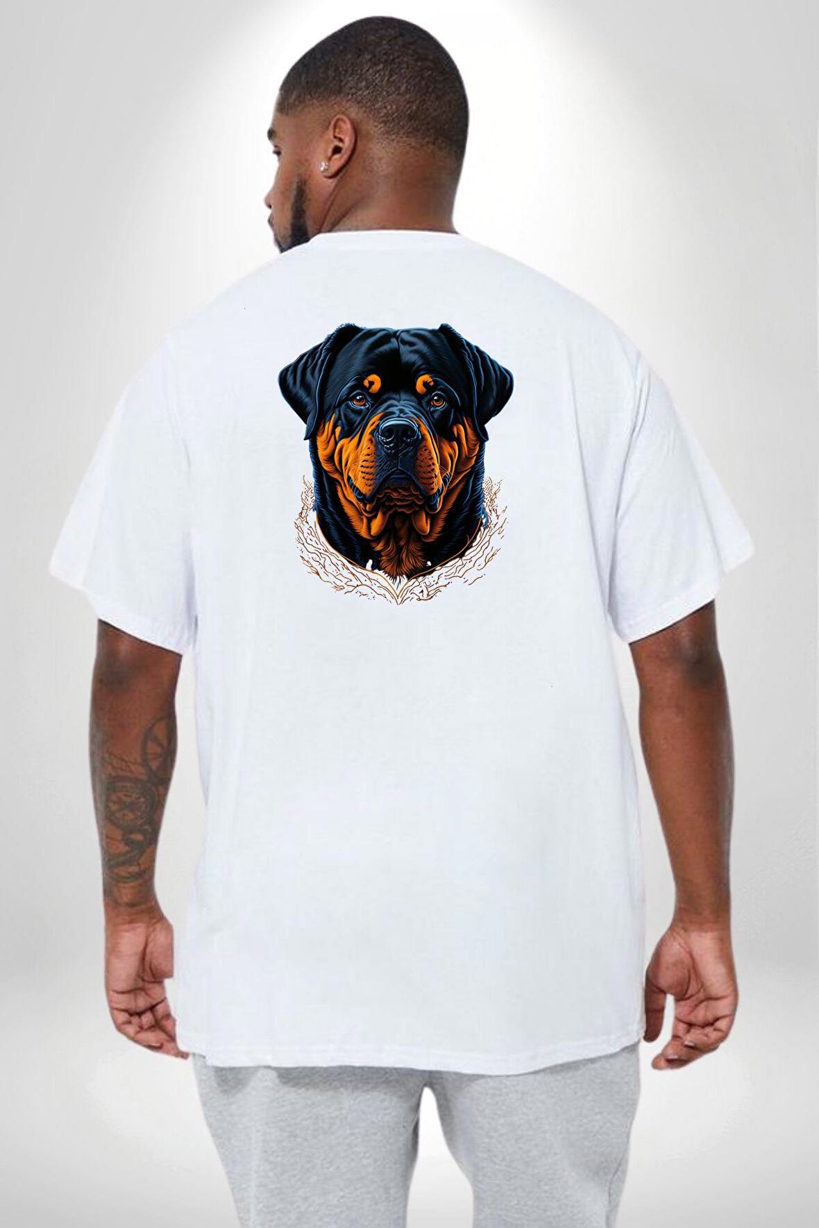 Rottweiler Koca Kafa Büyük Beden Beyaz Tişört Kadın Erkek Ünisex Sırt Baskılı