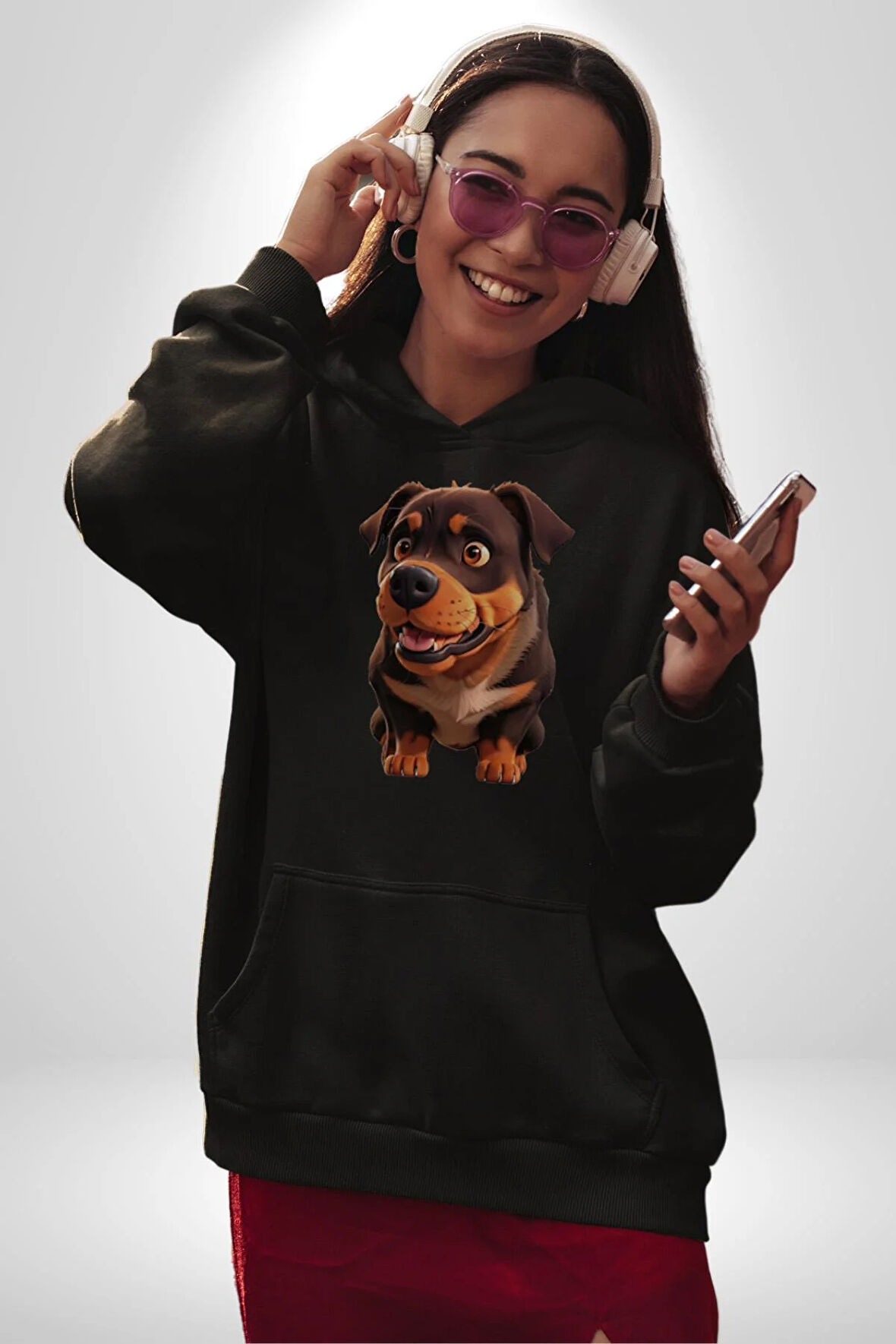 Sevimli Çoban Köpeği Kadın Erkek  Siyah Kapüşonlu Sweatshirt Hoodie