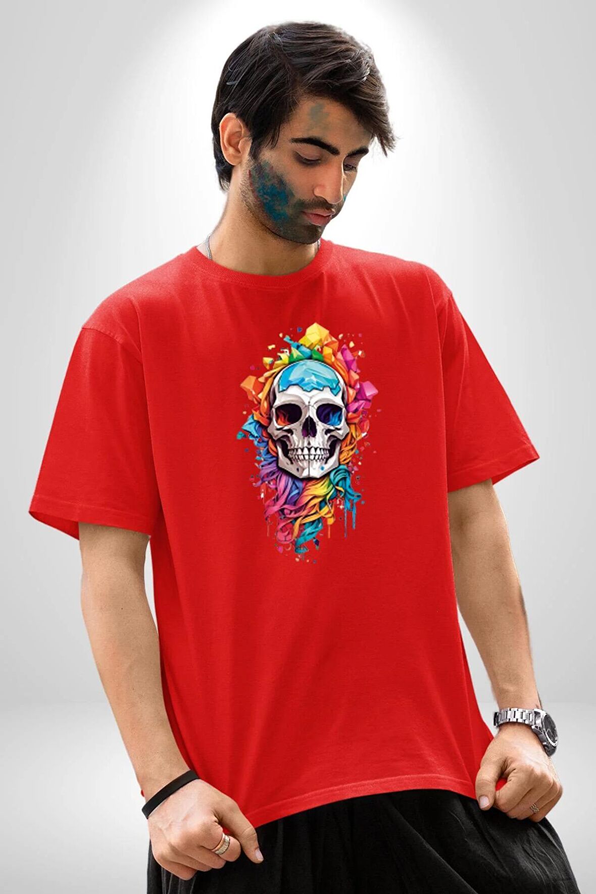 Renkli Kurukafa Pamuklu Bisiklet Yaka Kadın Erkek Oversize Boyfriend Dijital Baskılı Kırmızı T-Shirt
