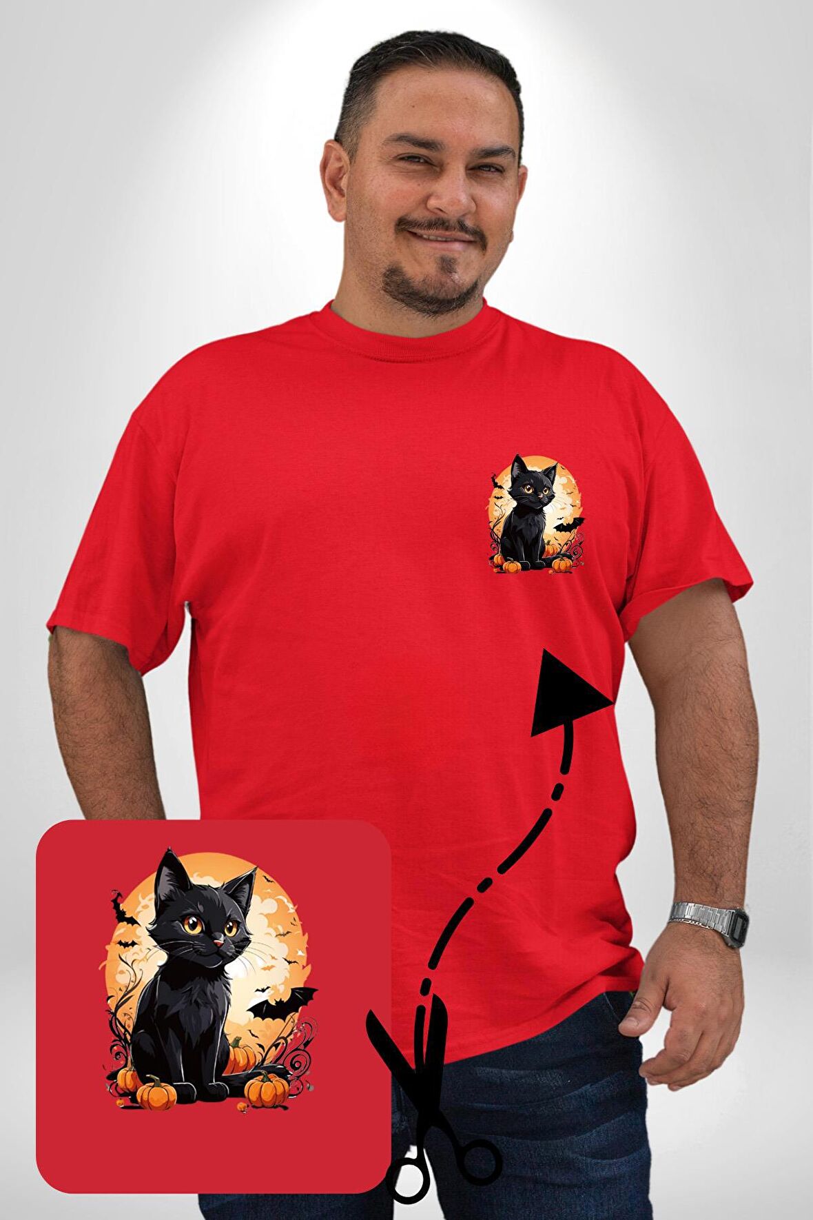 Cadılar Bayramı Kedi Kırmızı Büyük Beden Kadın Basic Minimal Baskılı Tişört