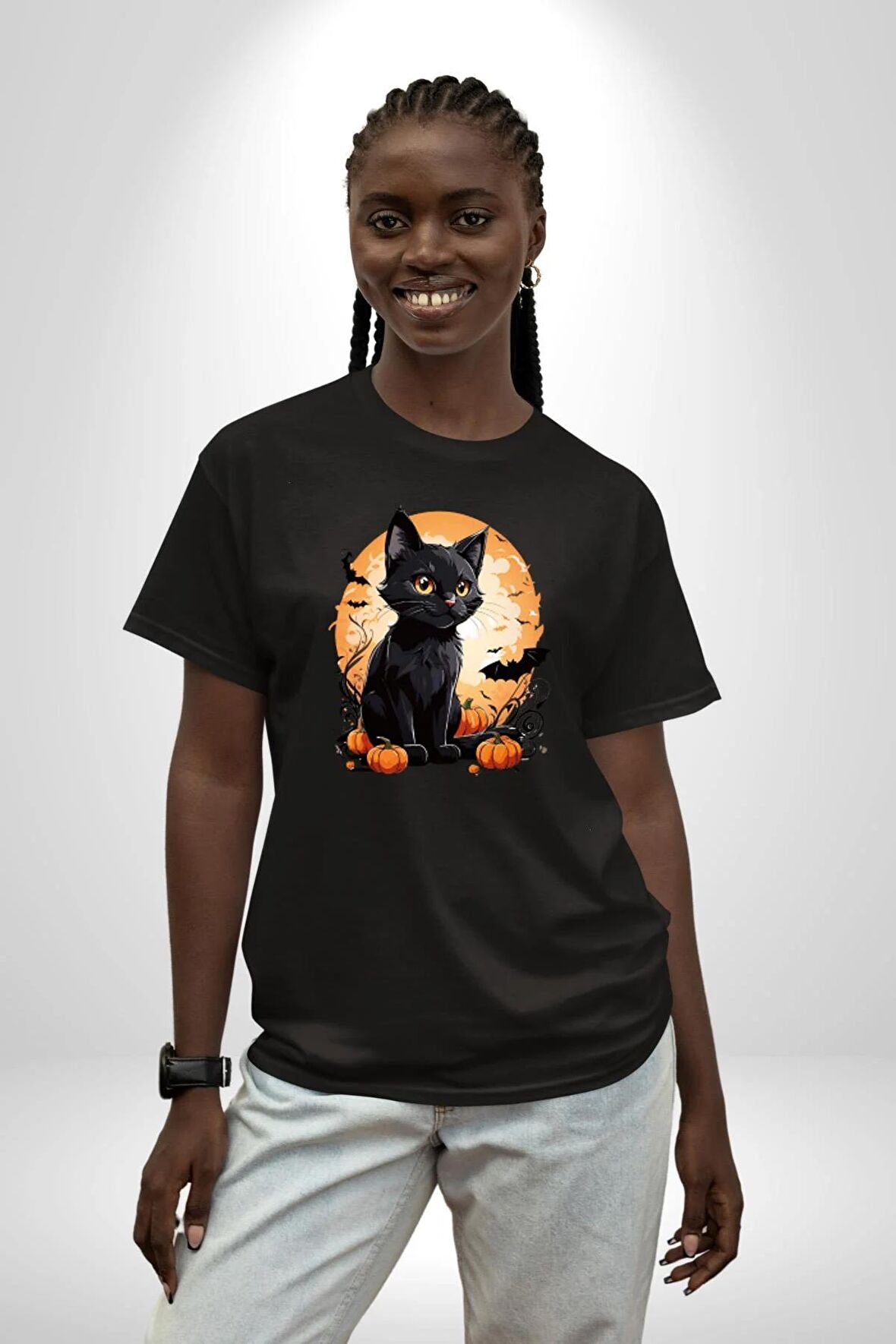 Cadılar Bayramı Kedi Pamuklu Bisiklet Yaka Kadın Erkek Oversize Boyfriend Dijital Baskılı Siyah T-shirt