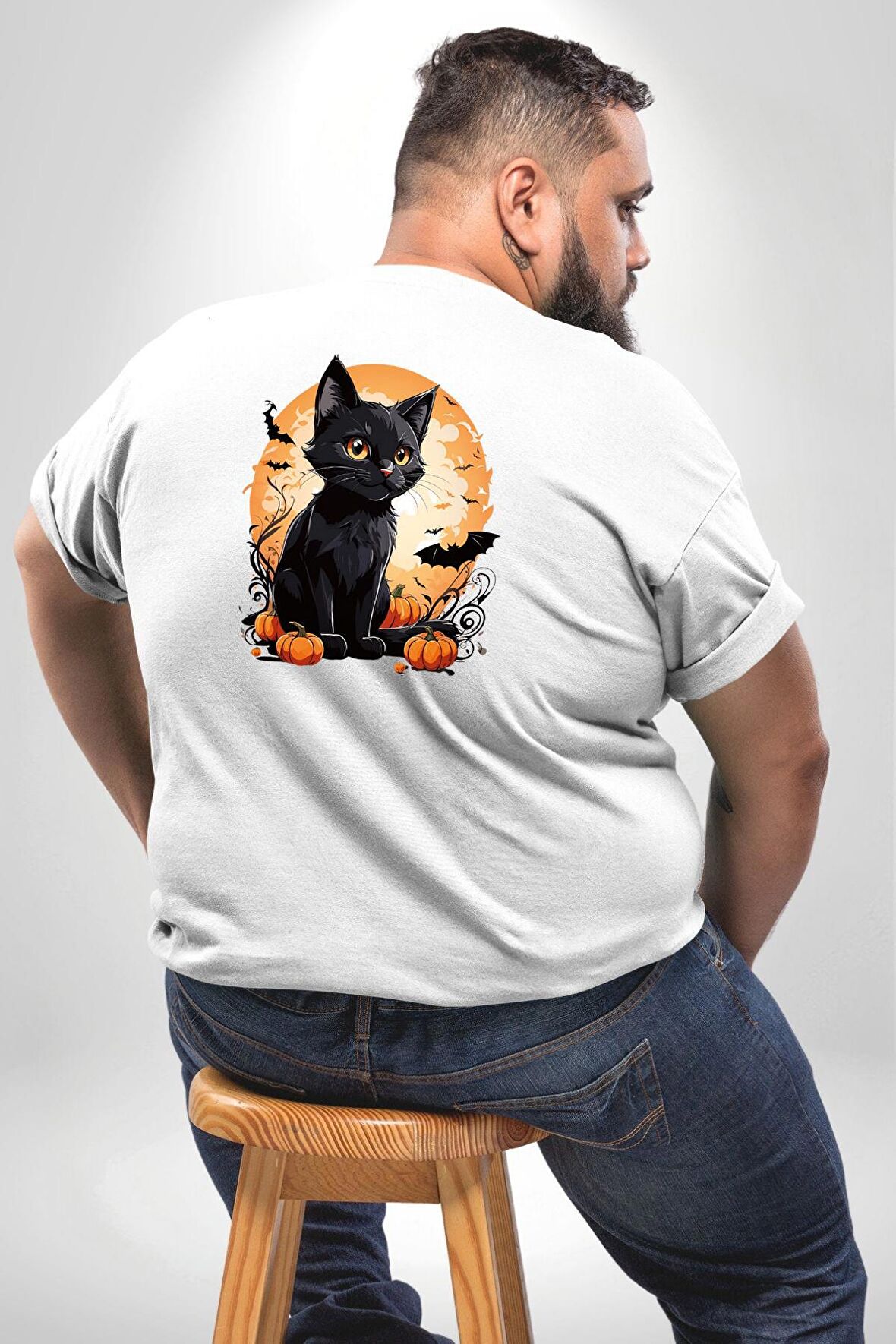 Cadılar Bayramı Kedi Büyük Beden Beyaz Tişört Kadın Erkek Ünisex Sırt Baskılı
