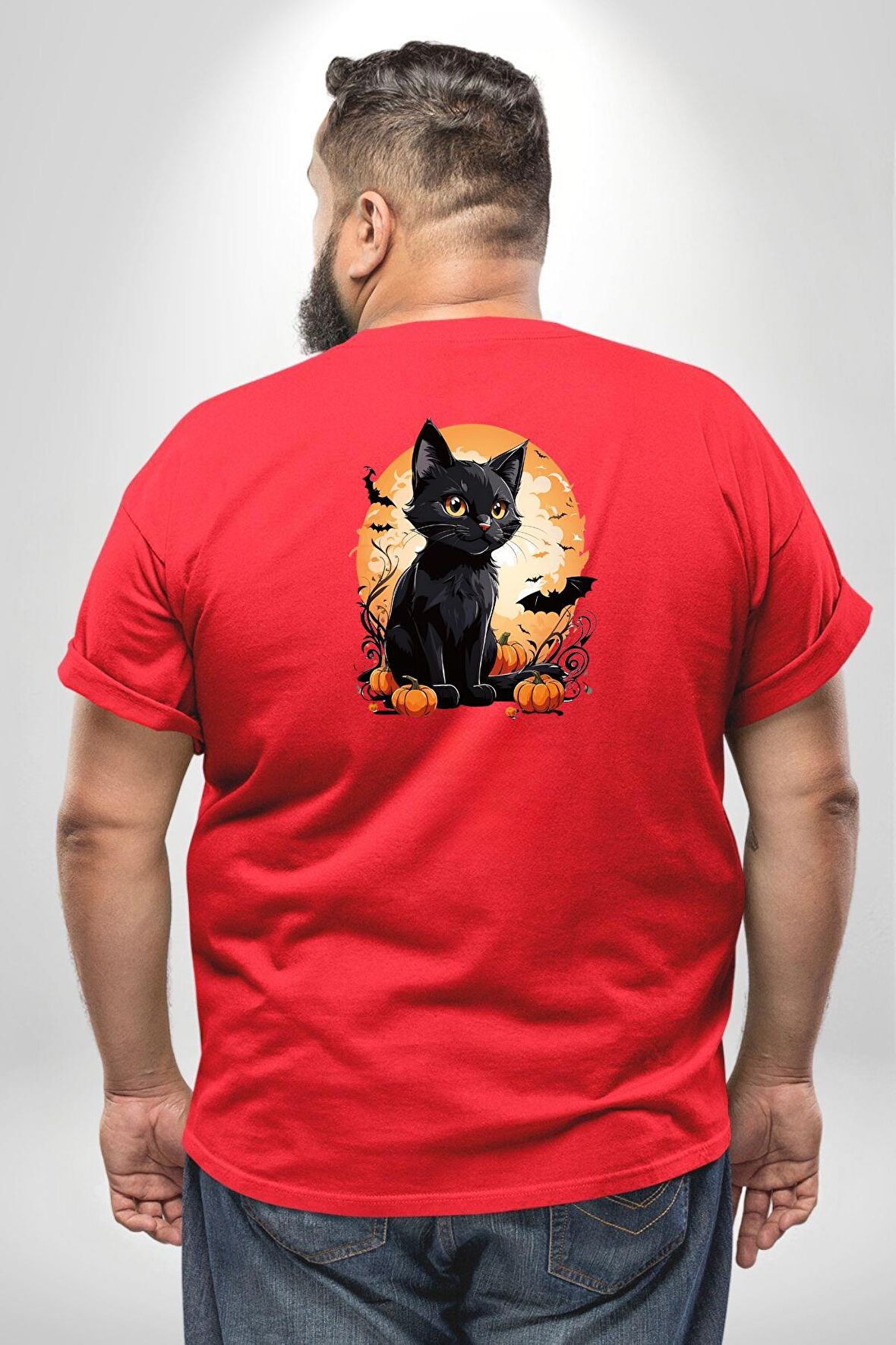 Cadılar Bayramı Kedi Büyük Beden Kırmızı Tişört Kadın Erkek Ünisex Sırt Baskılı