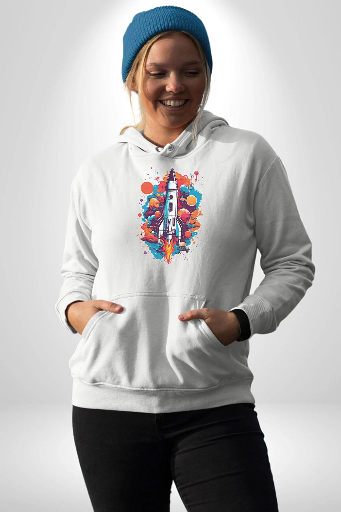 Uzay Aracı Roket Kadın Erkek  Beyaz Kapüşonlu Sweatshirt Hoodie