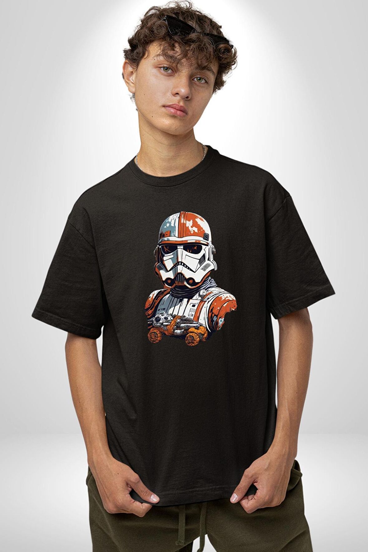 Star Wars Renkli Clone Troopers  Pamuklu Bisiklet Yaka Kadın Erkek Oversize Boyfriend Dijital Baskılı Siyah T-shirt