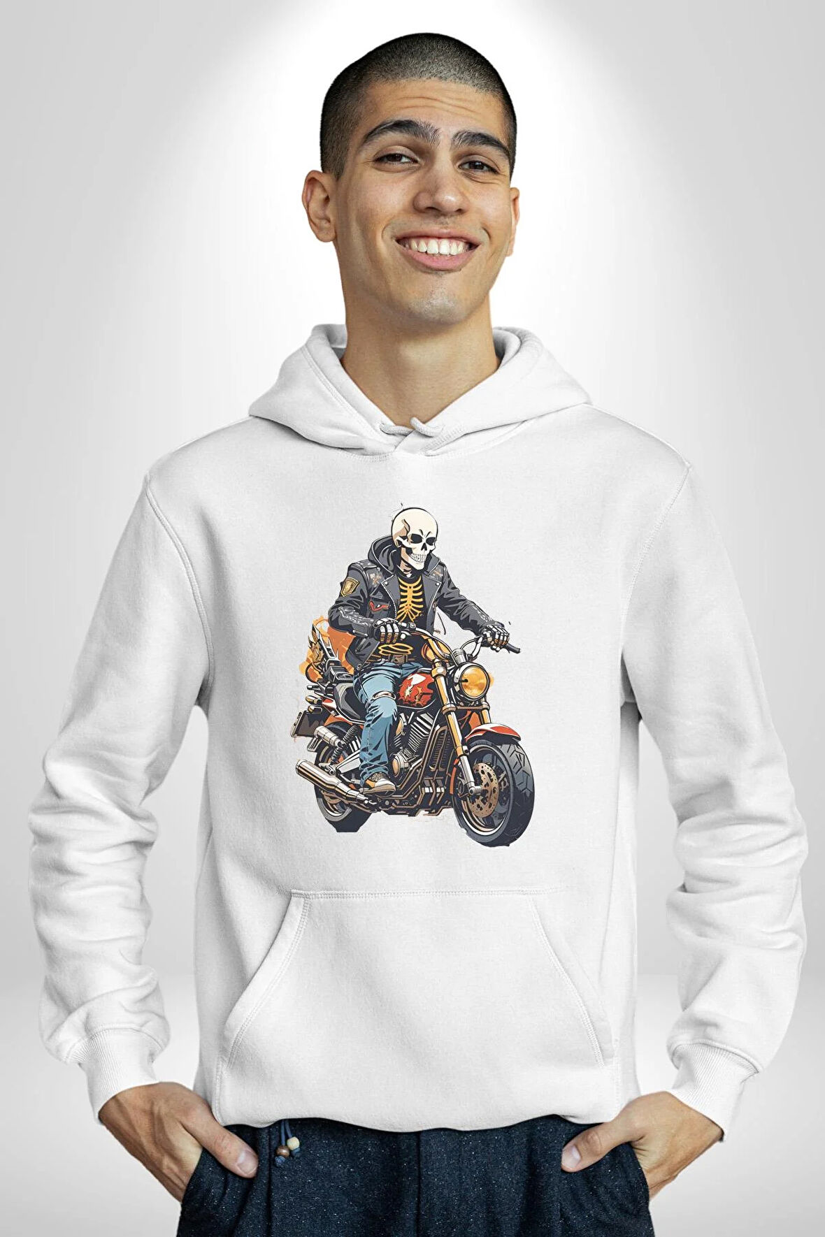 Cehennem Melekleri Motorsiklet Kurukafa Kadın Erkek  Beyaz Kapüşonlu Sweatshirt Hoodie