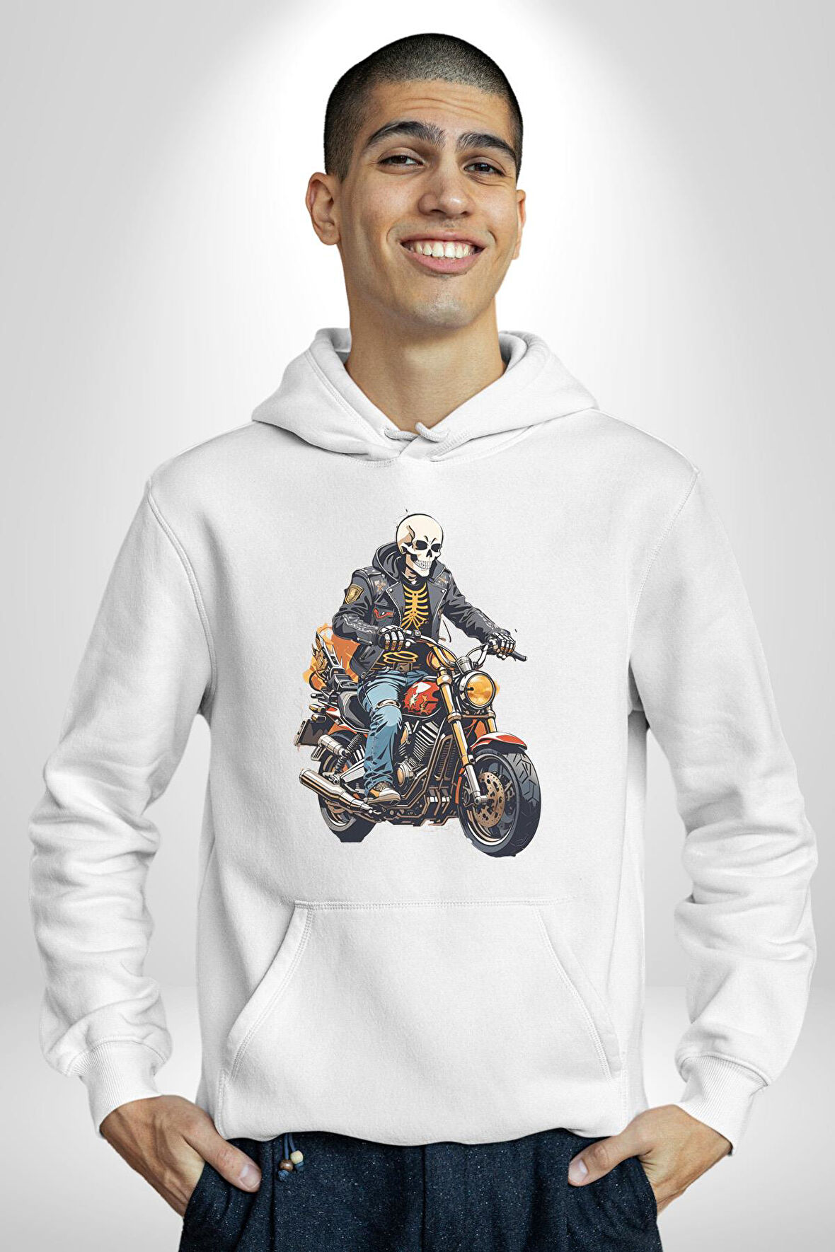 Cehennem Melekleri Motorsiklet Kurukafa Kadın Erkek  Beyaz Kapüşonlu Sweatshirt Hoodie