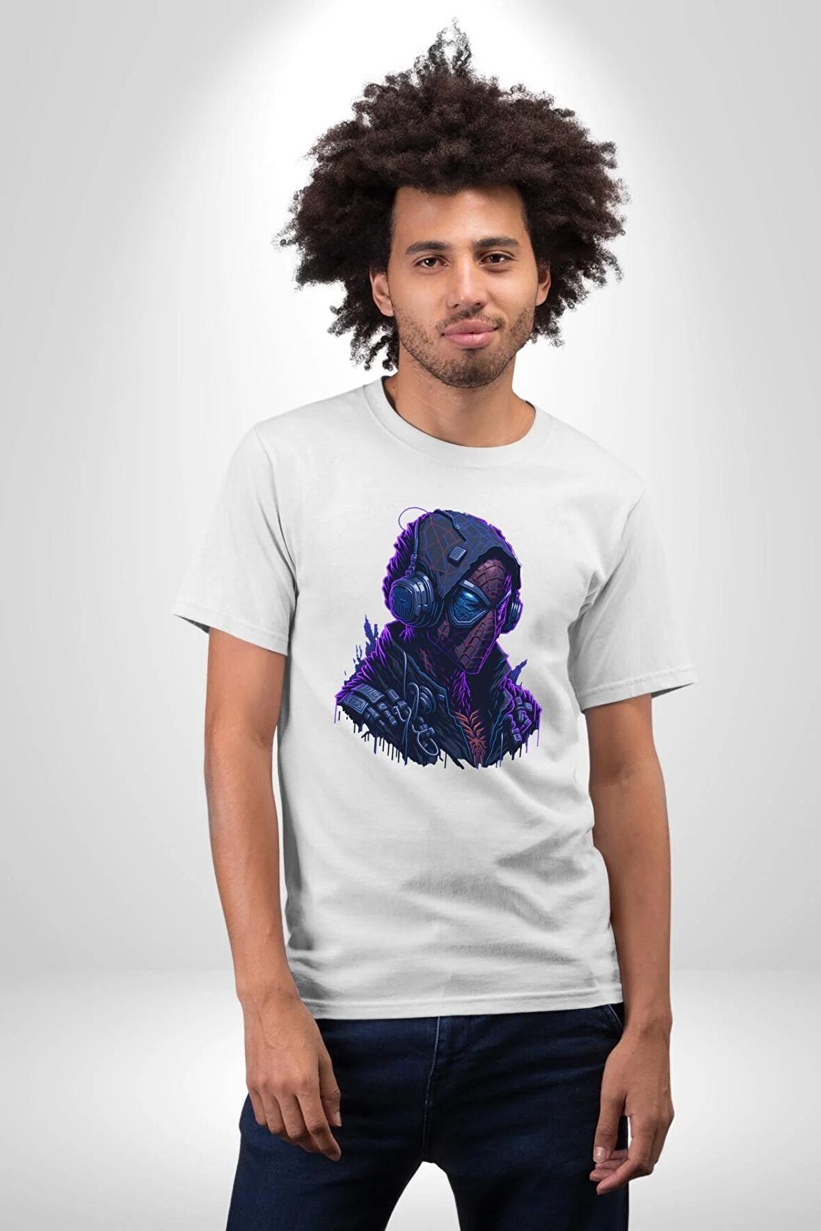Kulaklık Müzik Siyah Örümcek Adam Kadın Erkek Unisex Beyaz Organik Baskılı T-Shirt Penye Yüksek Kalite