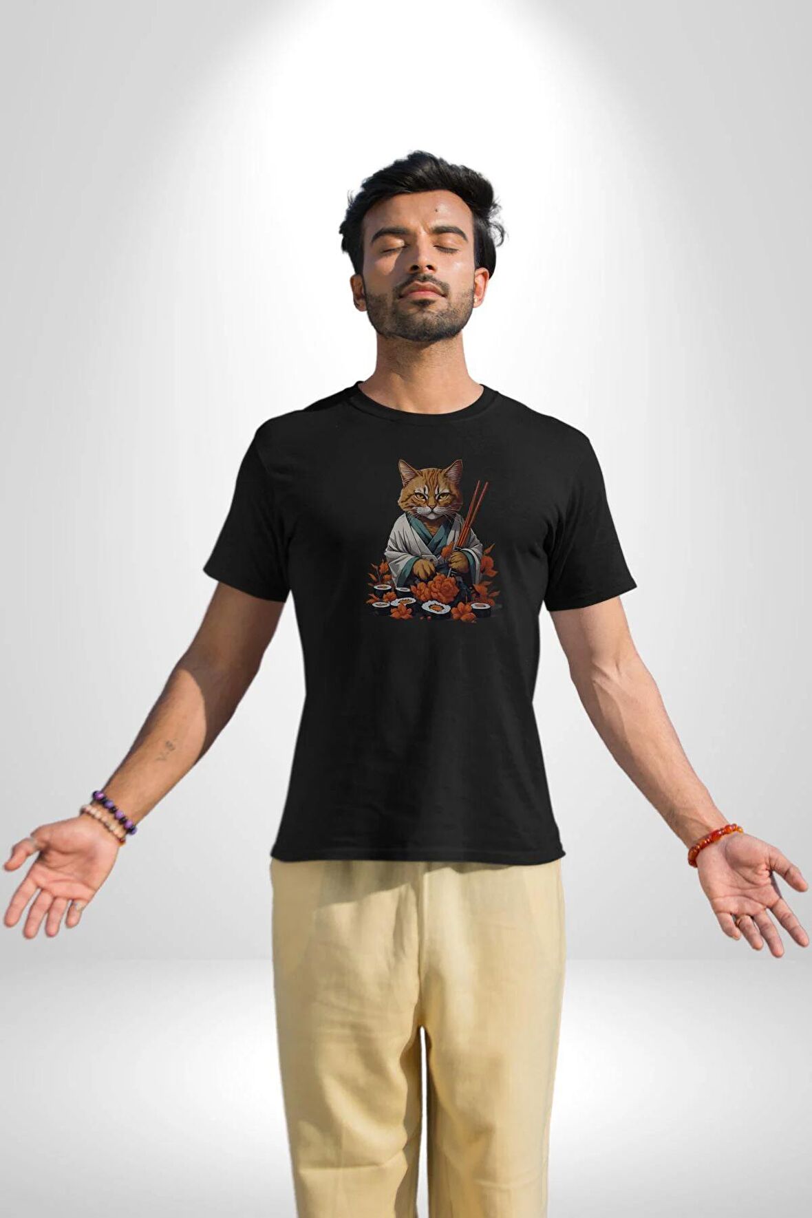 Suşi Balık Çiçek Japon Kedi  Kadın Erkek Unisex Siyah Organik Baskılı T-Shirt Penye Yüksek Kalite