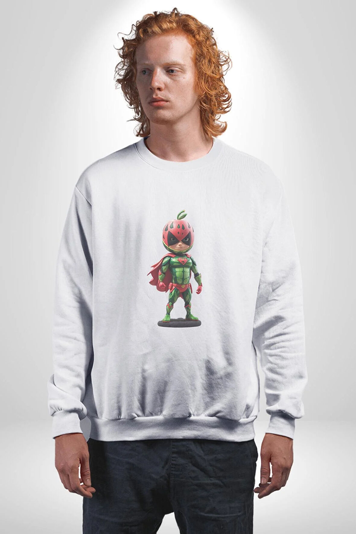 Süper Karpuz Adam Kadın Erkek  Beyaz Baskılı Sweatshirt 