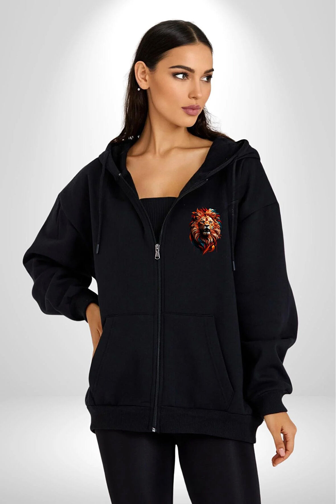 Renkli Kaplan Kükrüyor Kadın Erkek Siyah Renk Kapüşonlu Kanguru Cepli  Fermuarlı Pamuklu Oversize Dijital Baskılı Hırka Sweatshirt