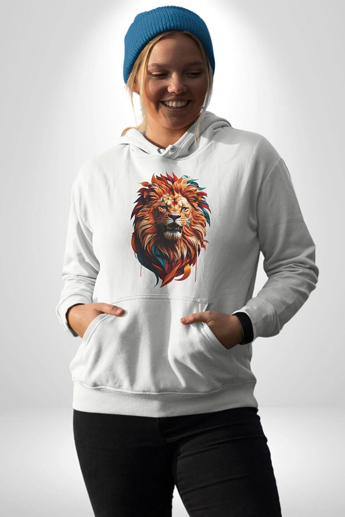 Renkli Kaplan Kükrüyor Kadın Erkek  Beyaz Kapüşonlu Sweatshirt Hoodie