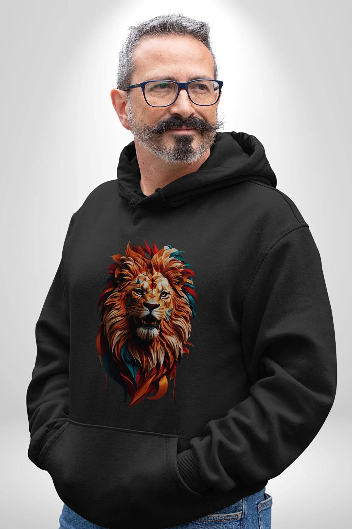 Renkli Kaplan Kükrüyor Kadın Erkek  Siyah Kapüşonlu Sweatshirt Hoodie