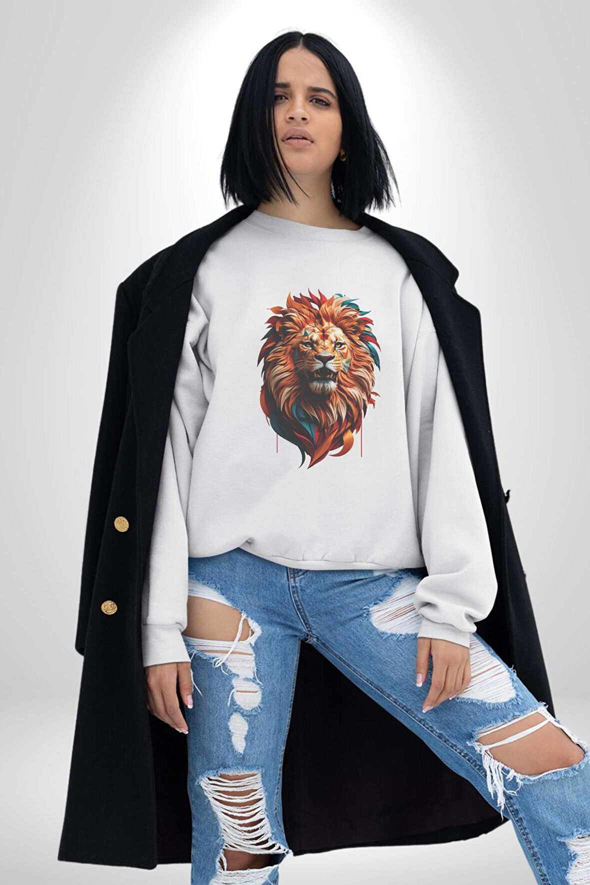 Renkli Kaplan Kükrüyor Kadın Erkek  Beyaz Baskılı Sweatshirt 