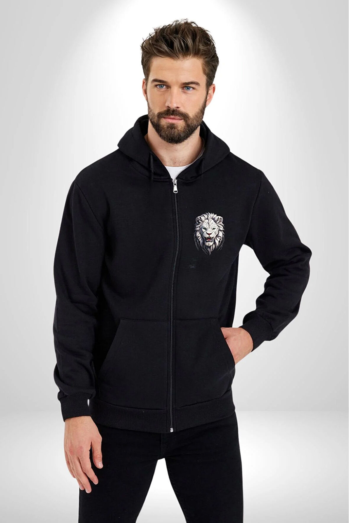 Beyaz Kaplan Kükreme  Kadın Erkek Siyah Renk Kapüşonlu Kanguru Cepli  Fermuarlı Pamuklu Oversize Dijital Baskılı Hırka Sweatshirt
