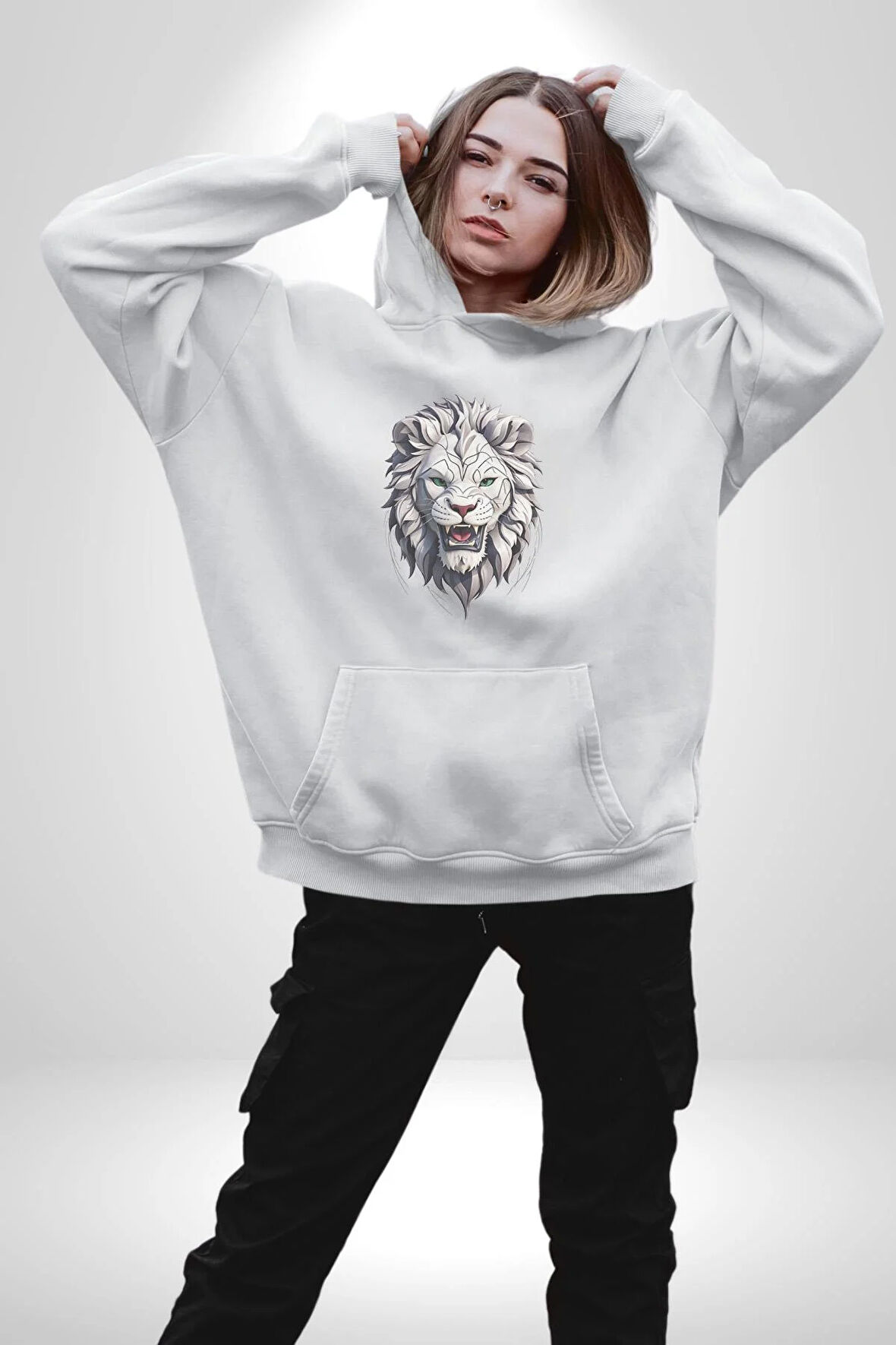 Beyaz Kaplan Kükreme  Kadın Erkek  Beyaz Kapüşonlu Sweatshirt Hoodie