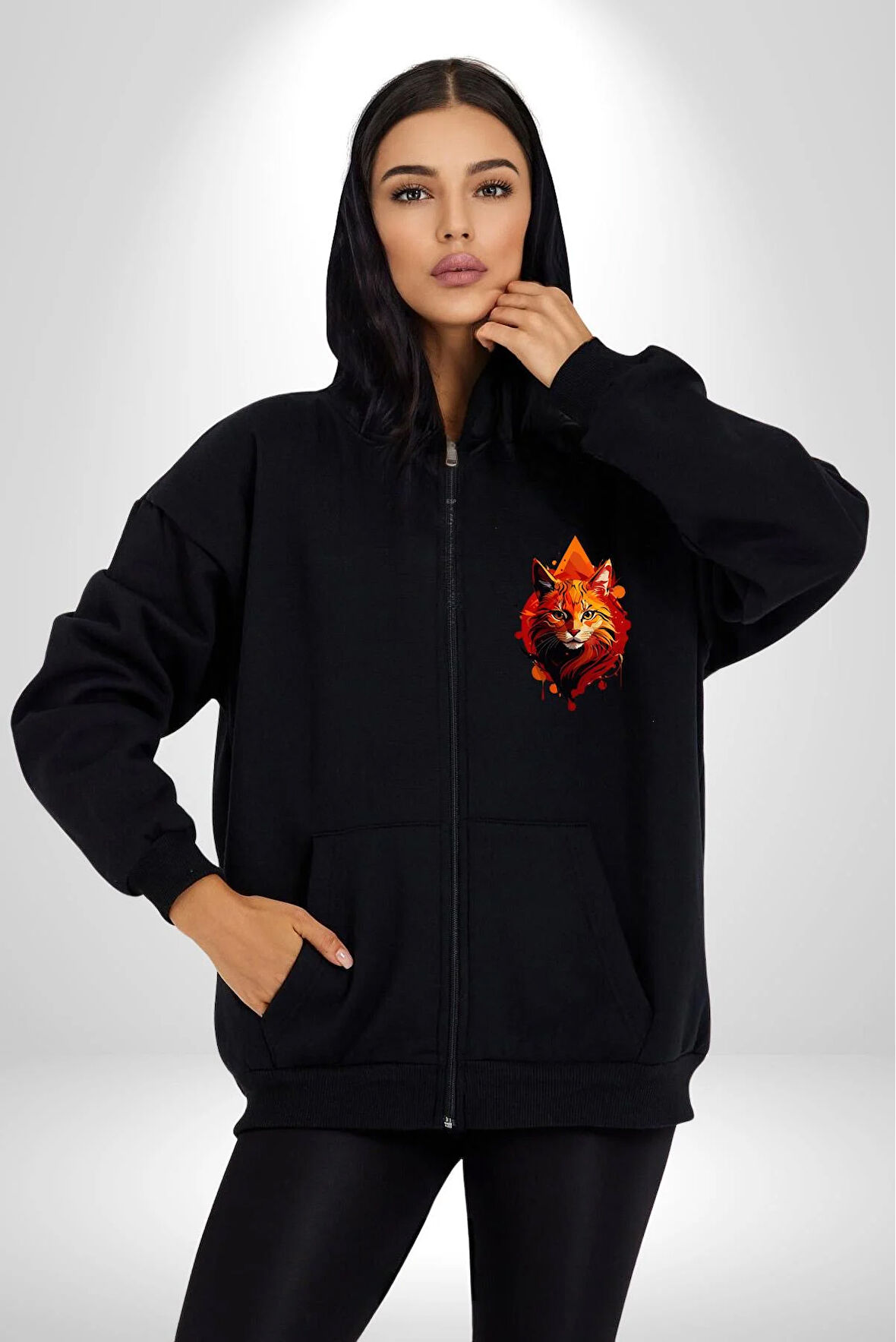 Renkli Sarı Kırmızı Kedi  Kadın Erkek Siyah Renk Kapüşonlu Kanguru Cepli  Fermuarlı Pamuklu Oversize Dijital Baskılı Hırka Sweatshirt
